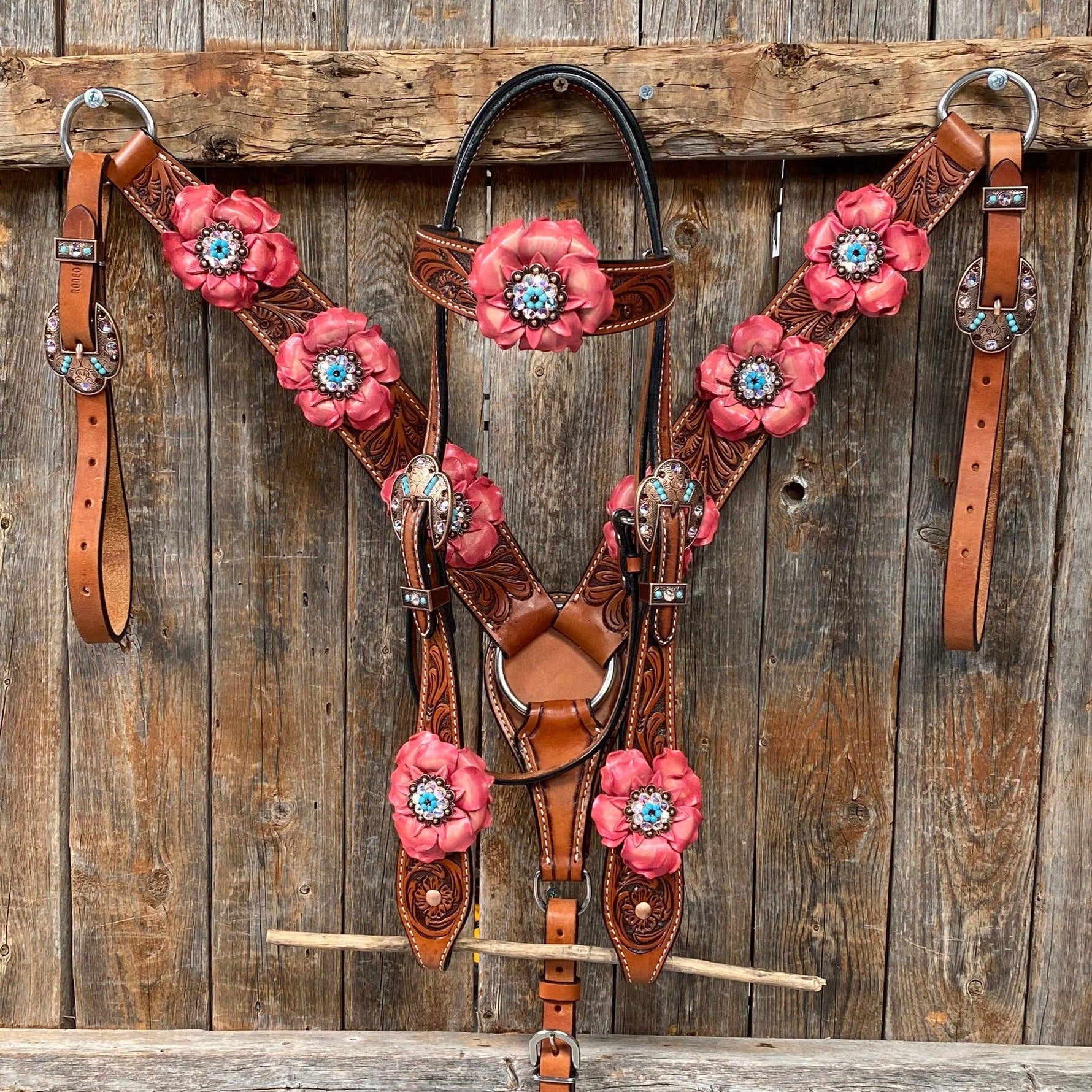 Honey Colored Floral Pink and Turquoise Tack Set #BBBC545 - RODEO DRIVE