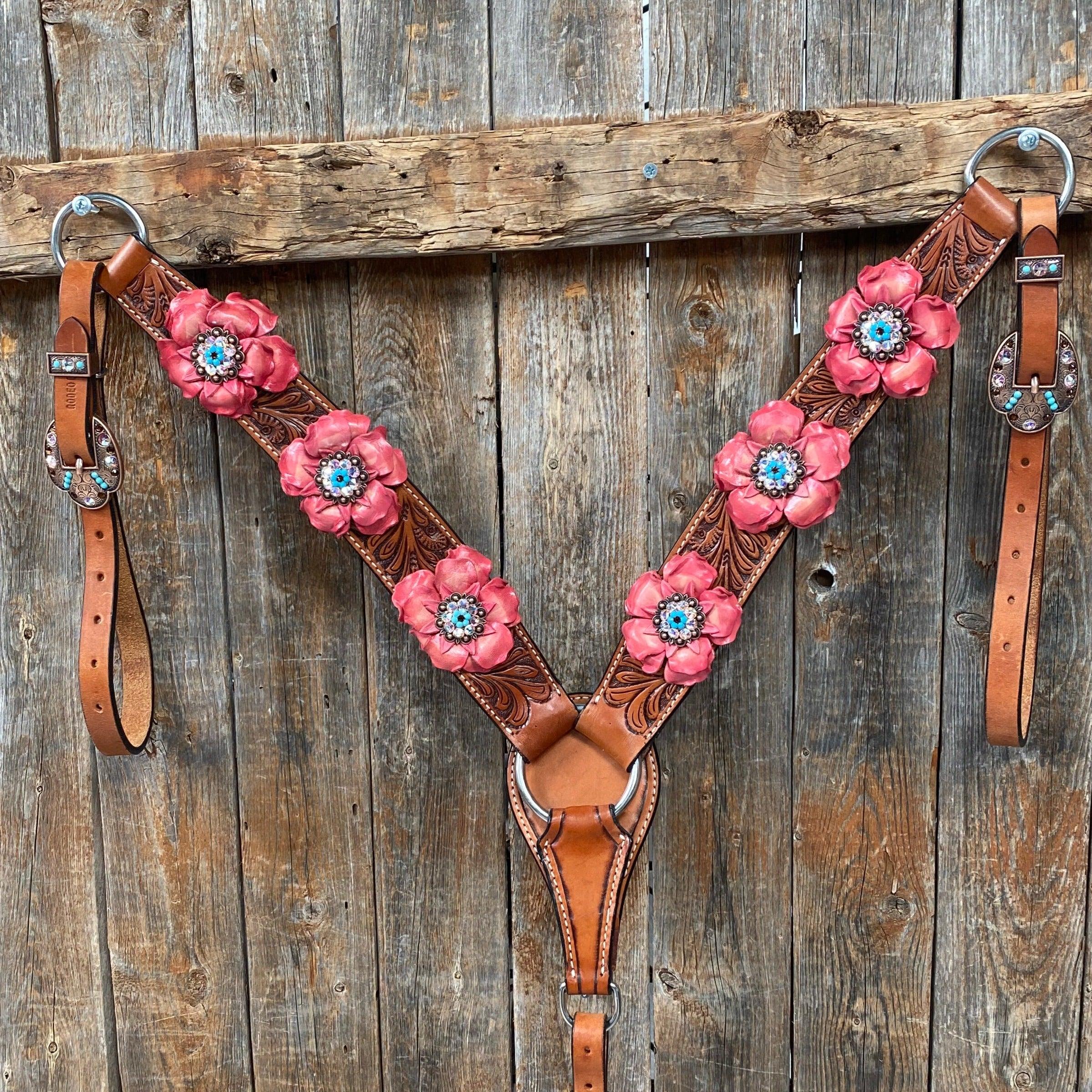 Honey Colored Floral Pink and Turquoise Tack Set #BBBC545 - RODEO DRIVE