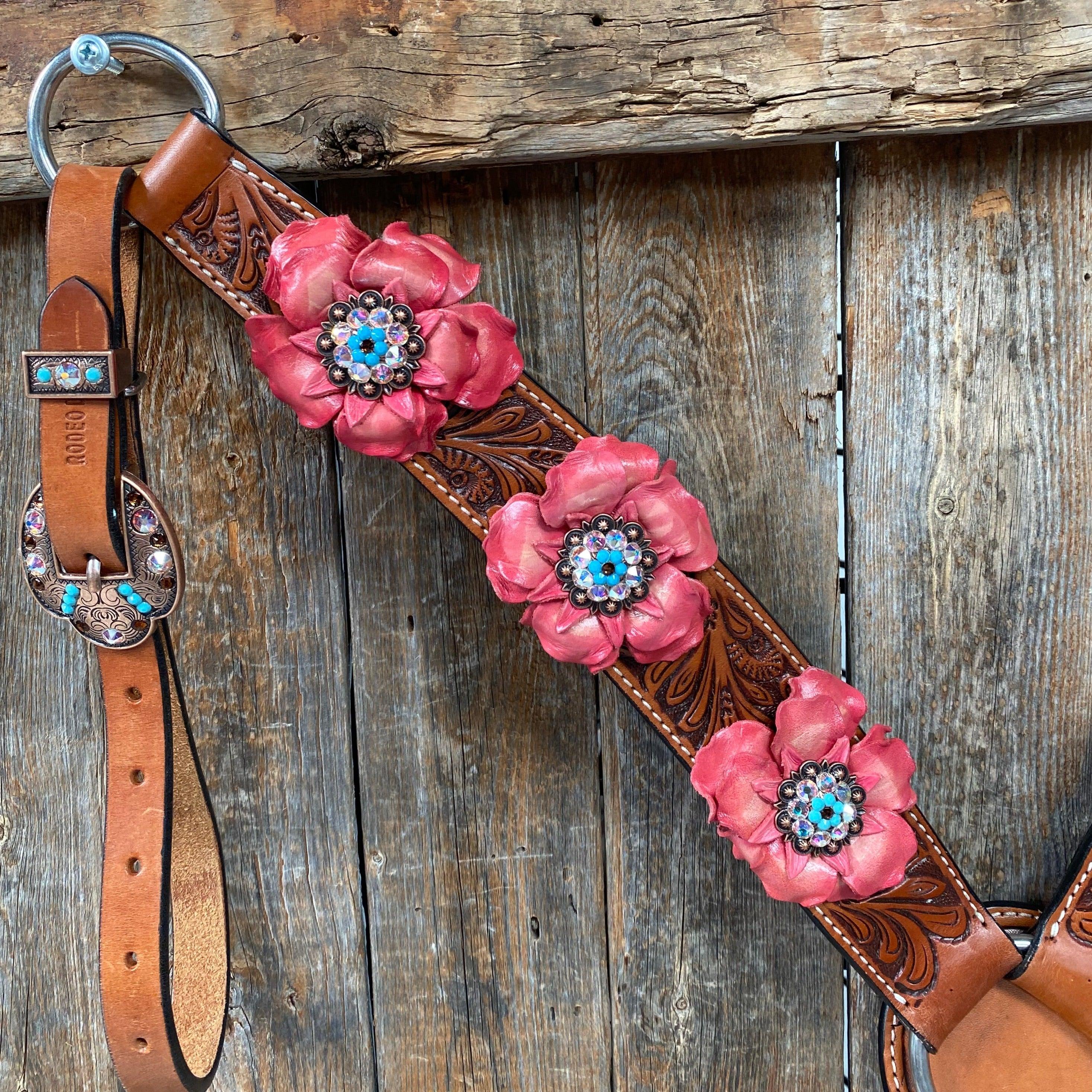 Honey Colored Floral Pink and Turquoise Tack Set #BBBC545 - RODEO DRIVE