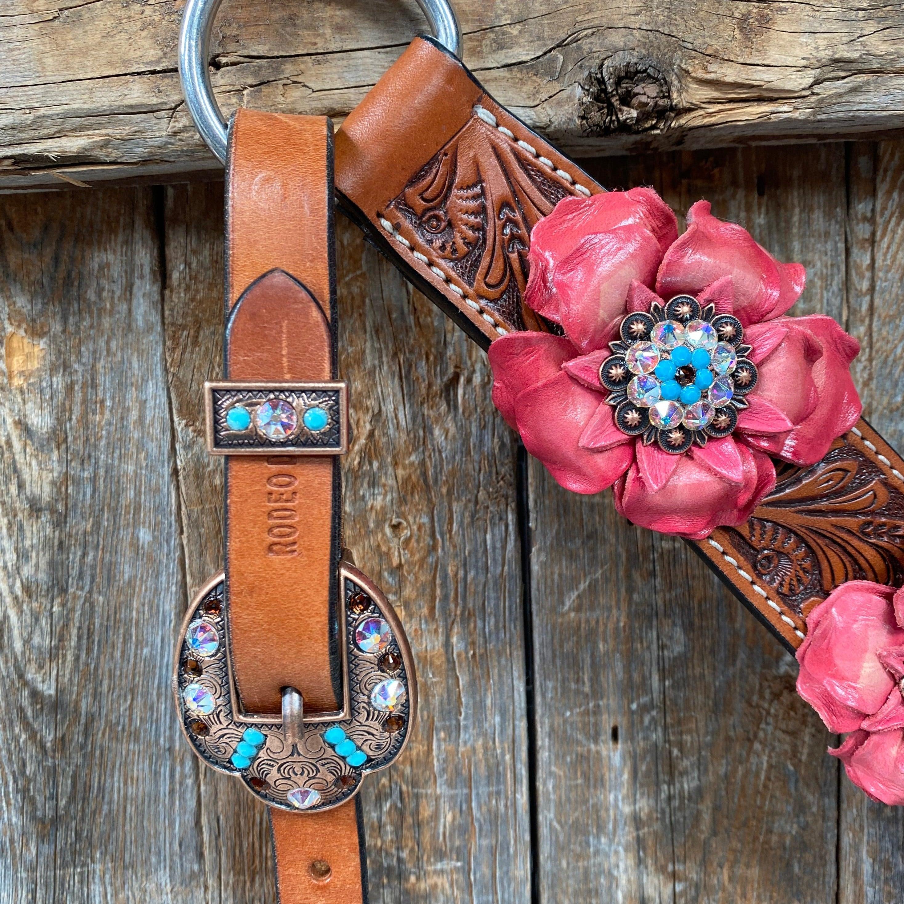 Honey Colored Floral Pink and Turquoise Tack Set #BBBC545 - RODEO DRIVE