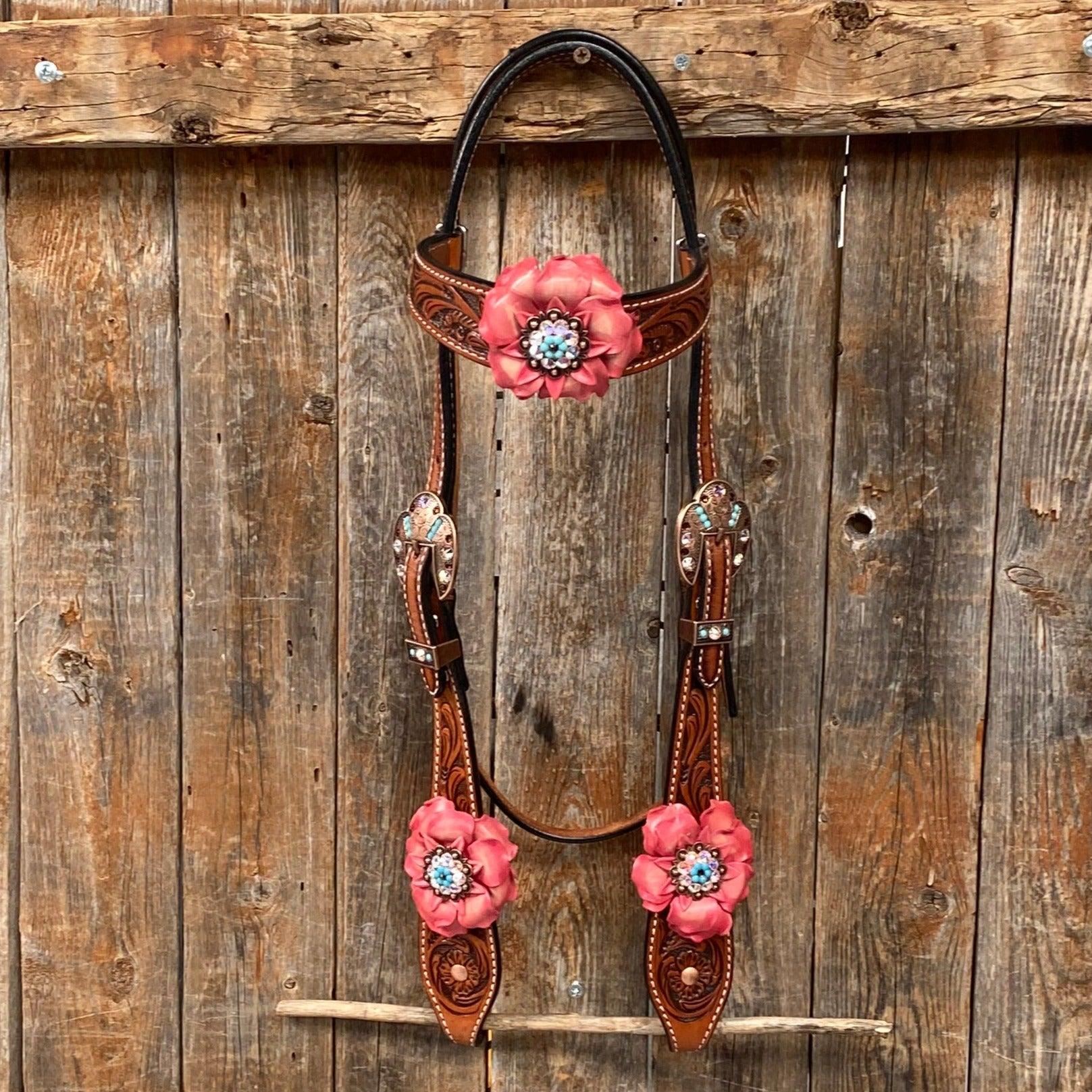 Honey Colored Floral Pink and Turquoise Tack Set #BBBC545 - RODEO DRIVE