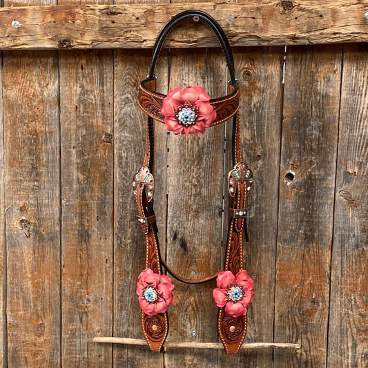 Honey Colored Floral Pink and Turquoise Tack Set #BBBC545 - RODEO DRIVE