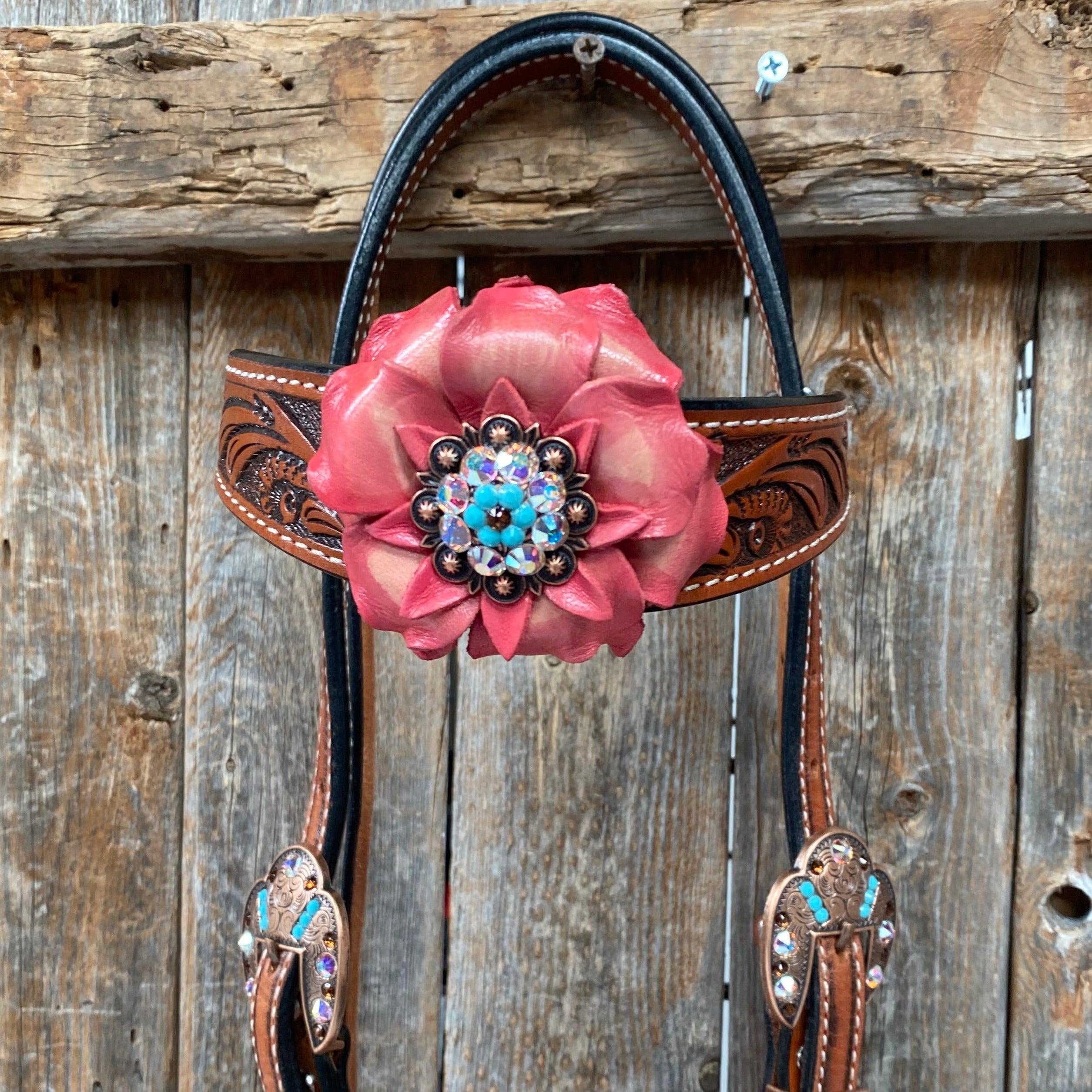 Honey Colored Floral Pink and Turquoise Tack Set #BBBC545 - RODEO DRIVE