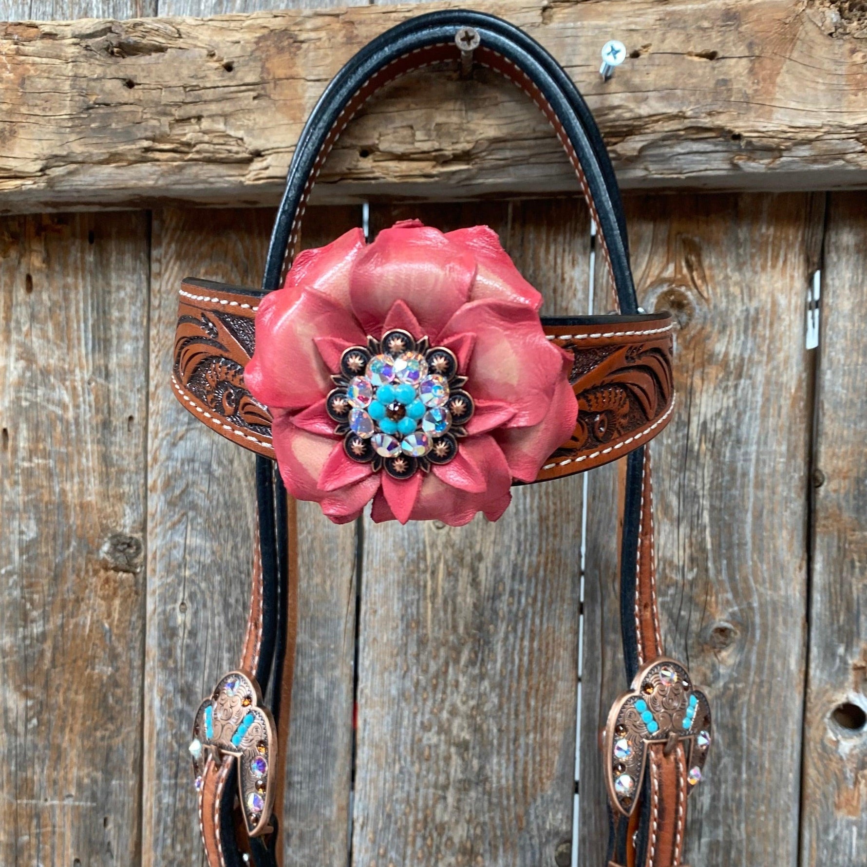 Honey Colored Floral Pink and Turquoise Tack Set #BBBC545 - RODEO DRIVE