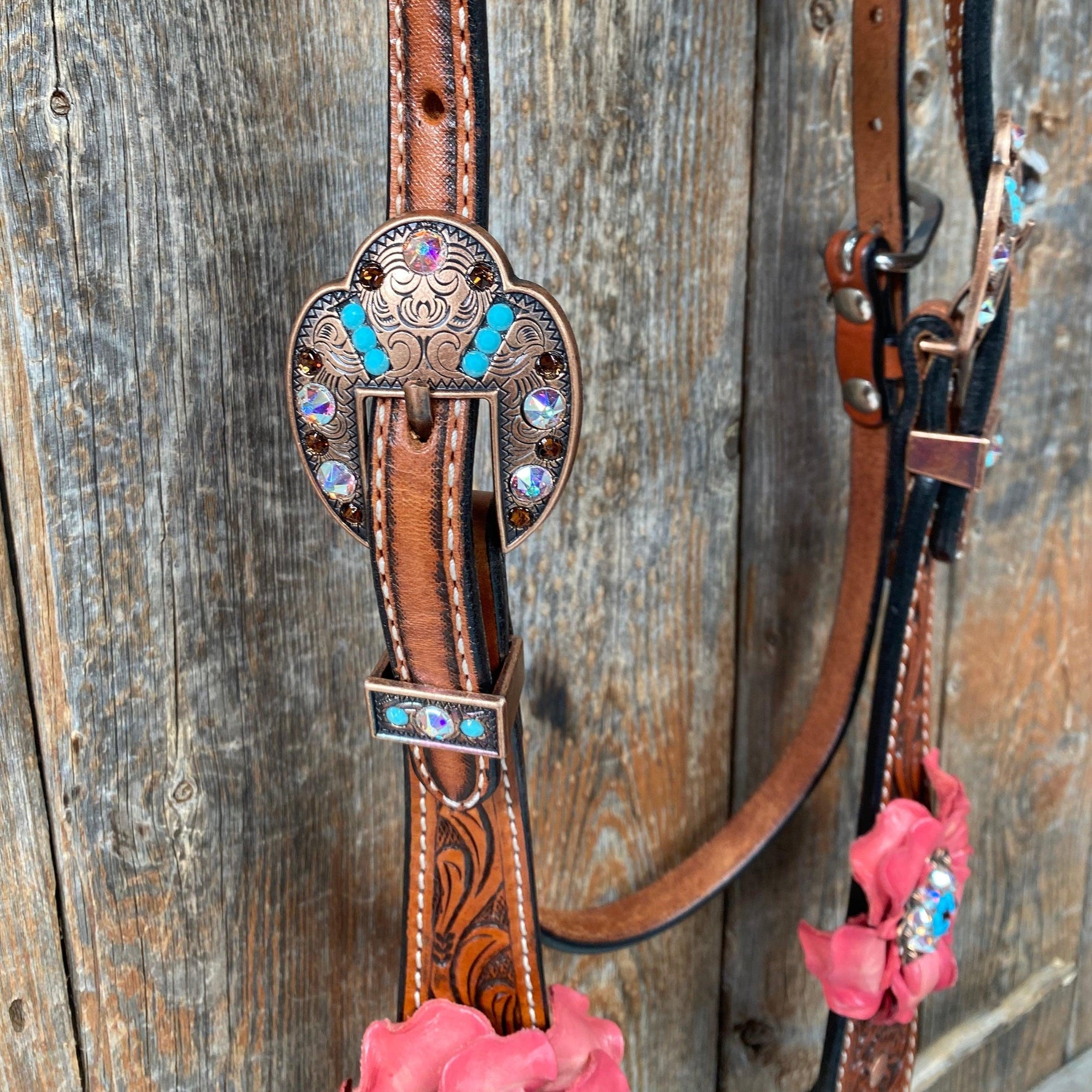 Honey Colored Floral Pink and Turquoise Tack Set #BBBC545 - RODEO DRIVE