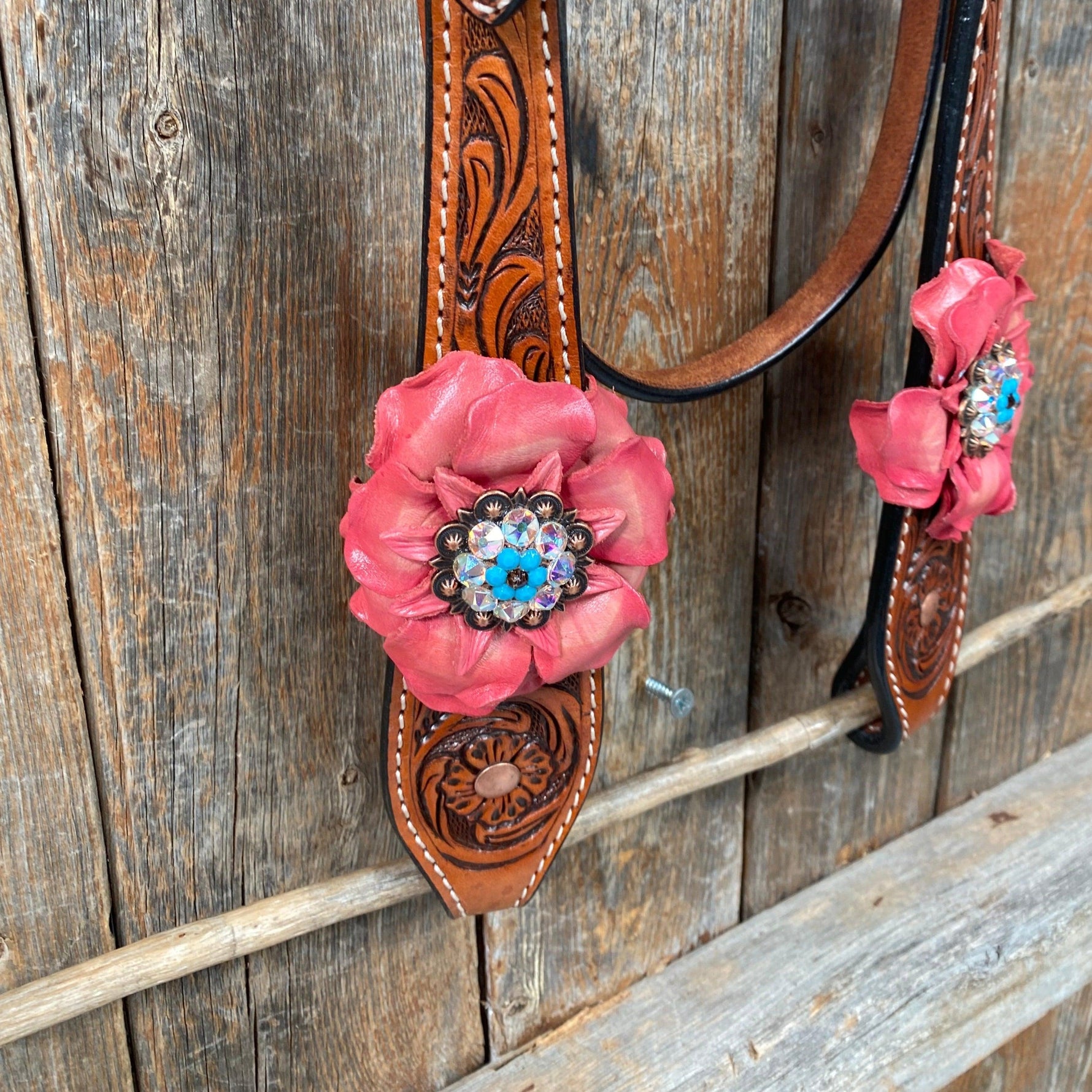 Honey Colored Floral Pink and Turquoise Tack Set #BBBC545 - RODEO DRIVE