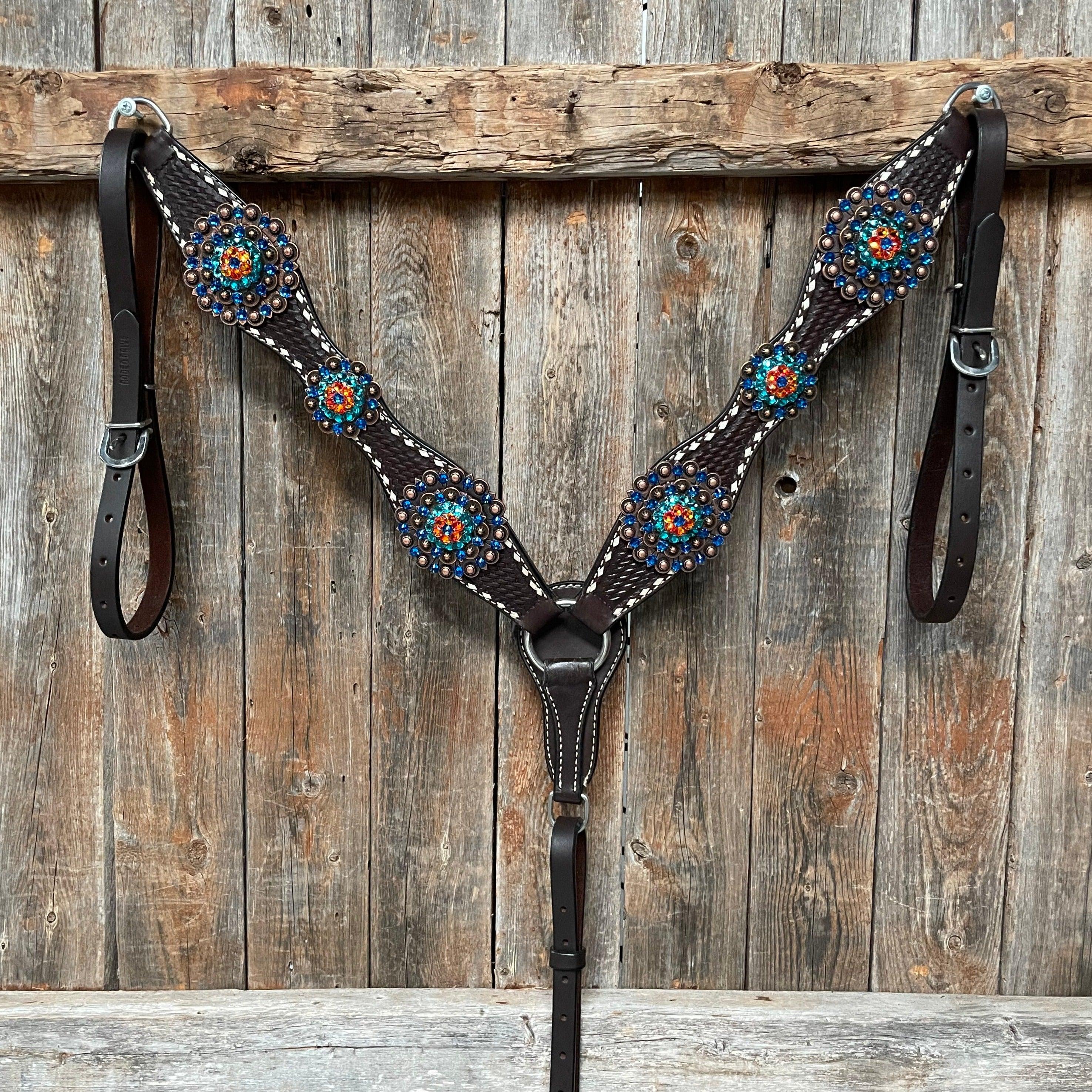 Dark Oil Buckstitch Capri/Fire Opal/Teal Browband/One Ear Tack Set with Wither Strap #BBBC471 - RODEO DRIVE