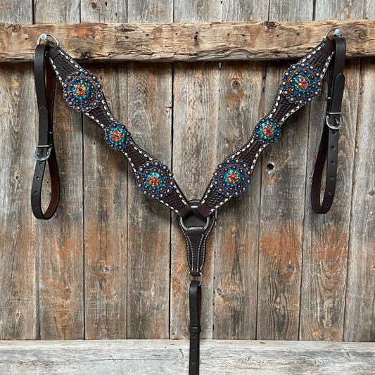 Dark Oil Buckstitch Capri/Fire Opal/Teal Browband/One Ear Tack Set with Wither Strap #BBBC471 - RODEO DRIVE