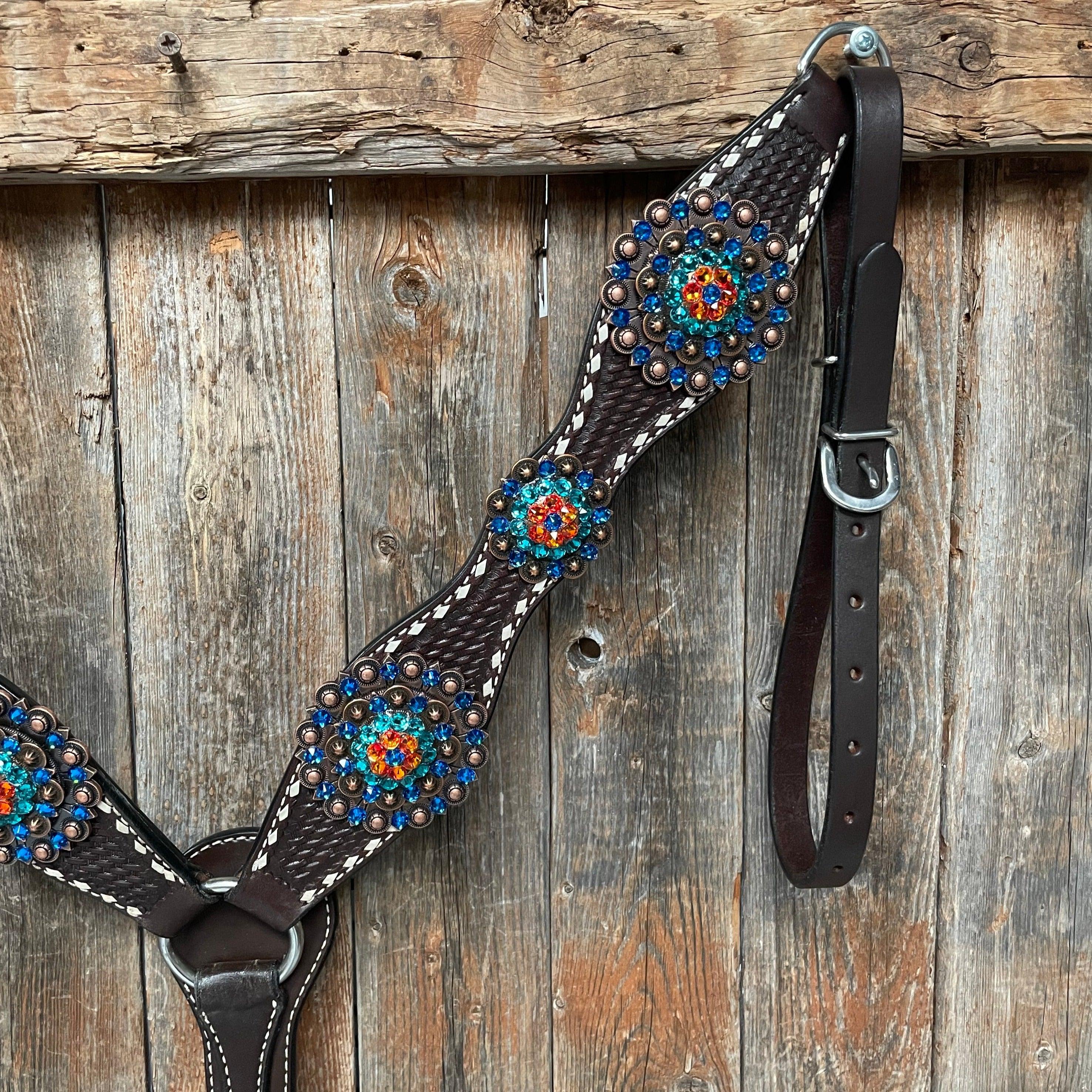 Dark Oil Buckstitch Capri/Fire Opal/Teal Browband/One Ear Tack Set with Wither Strap #BBBC471 - RODEO DRIVE