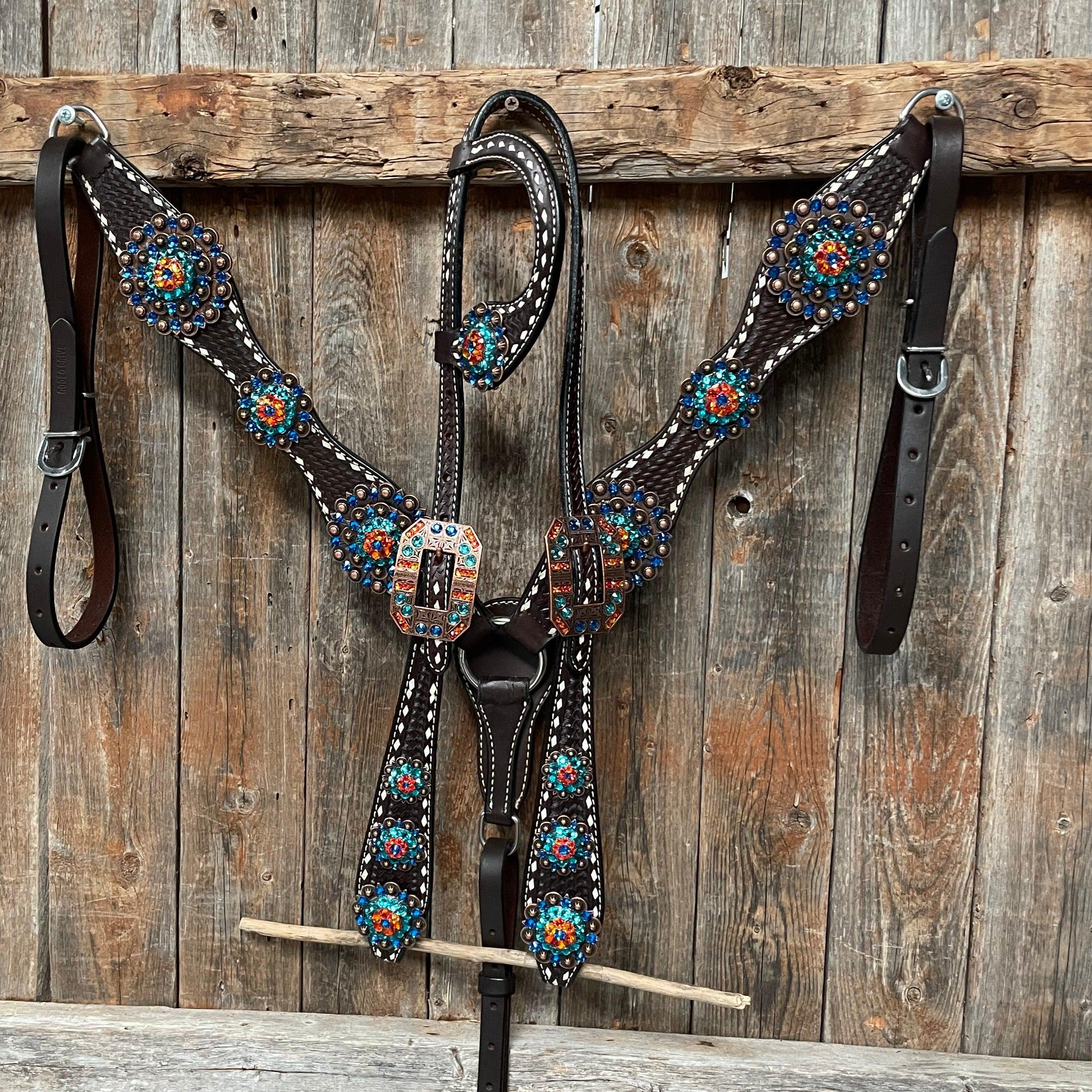 Dark Oil Buckstitch Capri/Fire Opal/Teal Browband/One Ear Tack Set with Wither Strap #BBBC471 - RODEO DRIVE
