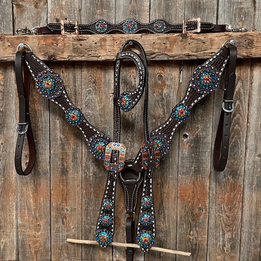 Dark Oil Buckstitch Capri/Fire Opal/Teal Browband/One Ear Tack Set with Wither Strap #BBBC471 - RODEO DRIVE