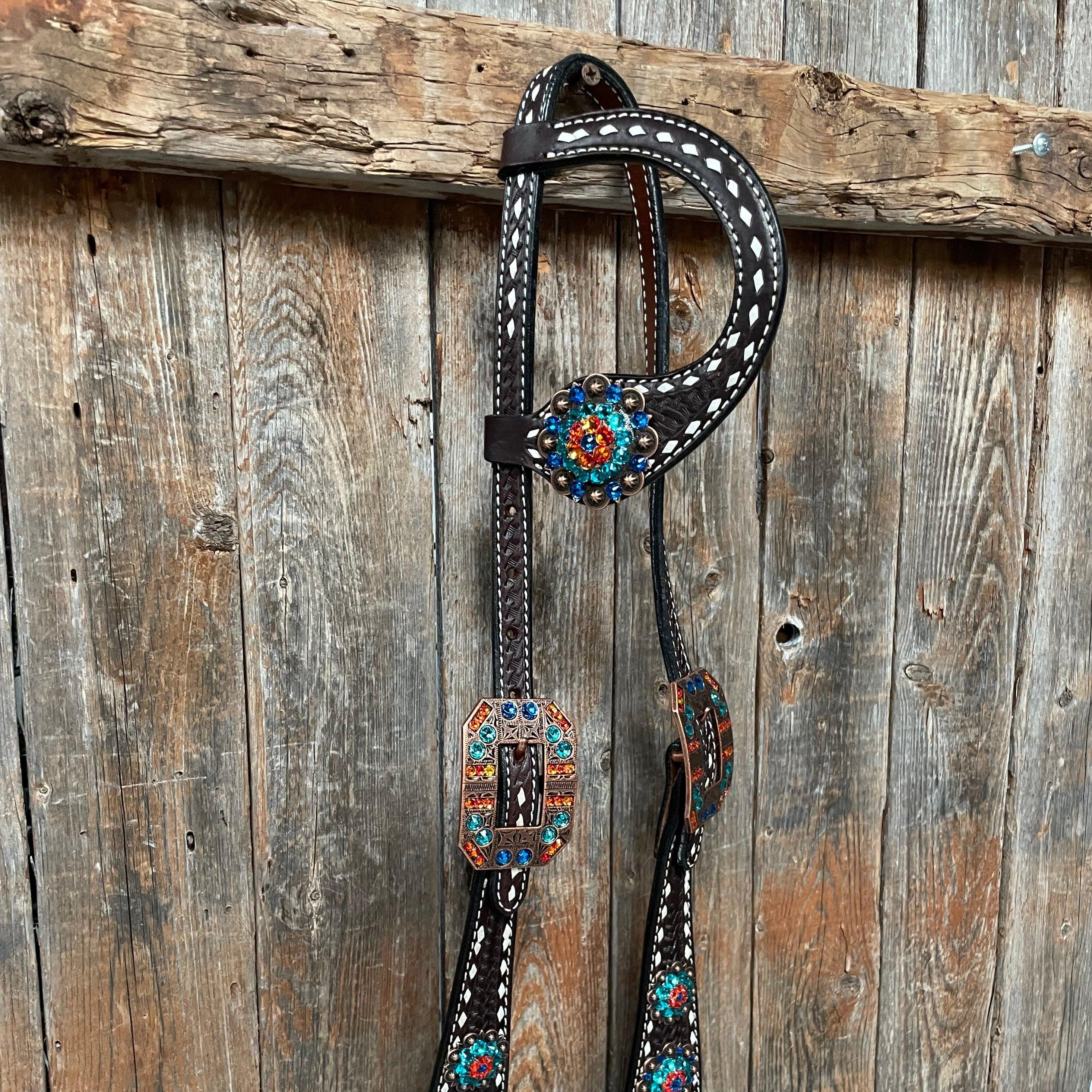 Dark Oil Buckstitch Capri/Fire Opal/Teal Browband/One Ear Tack Set with Wither Strap #BBBC471 - RODEO DRIVE