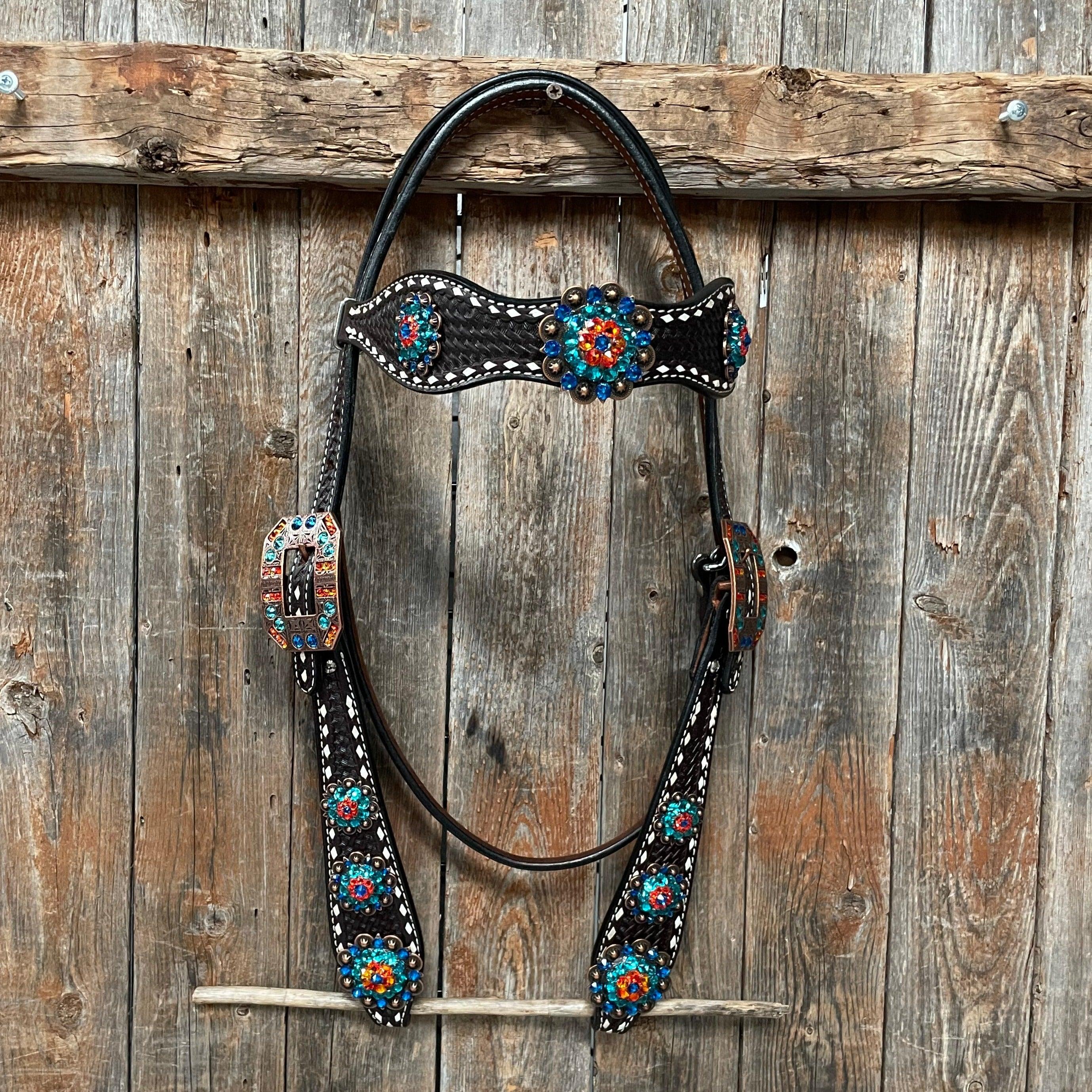 Dark Oil Buckstitch Capri/Fire Opal/Teal Browband/One Ear Tack Set with Wither Strap #BBBC471 - RODEO DRIVE