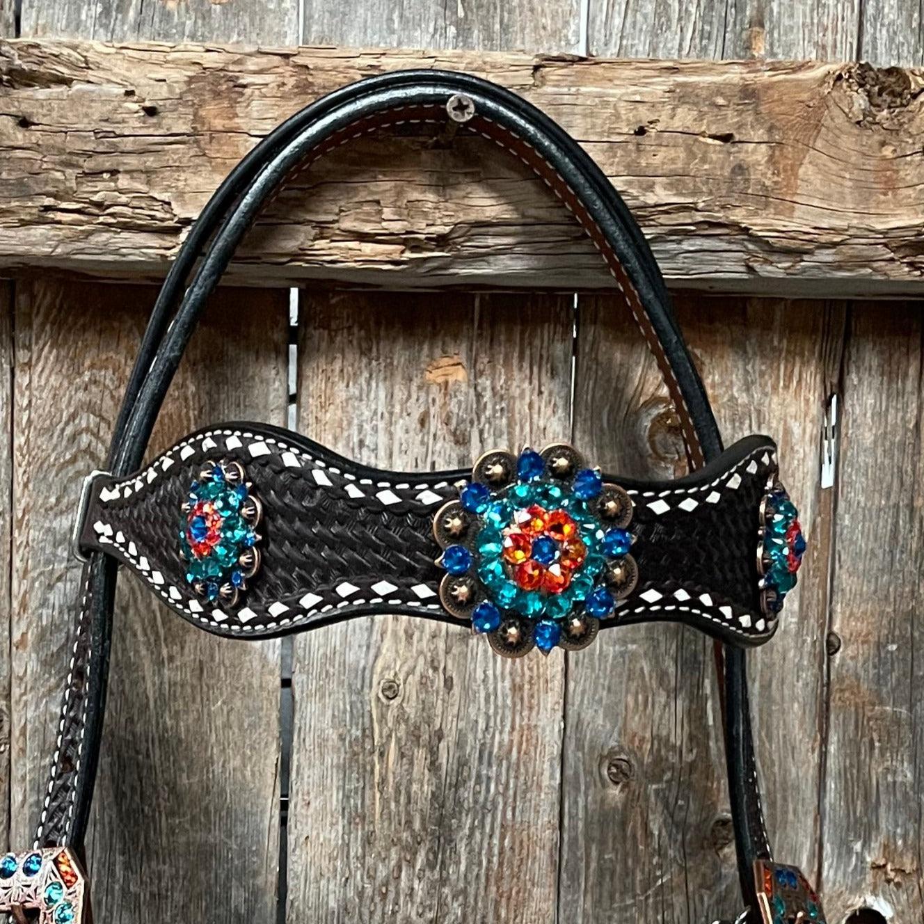 Dark Oil Buckstitch Capri/Fire Opal/Teal Browband/One Ear Tack Set with Wither Strap #BBBC471 - RODEO DRIVE
