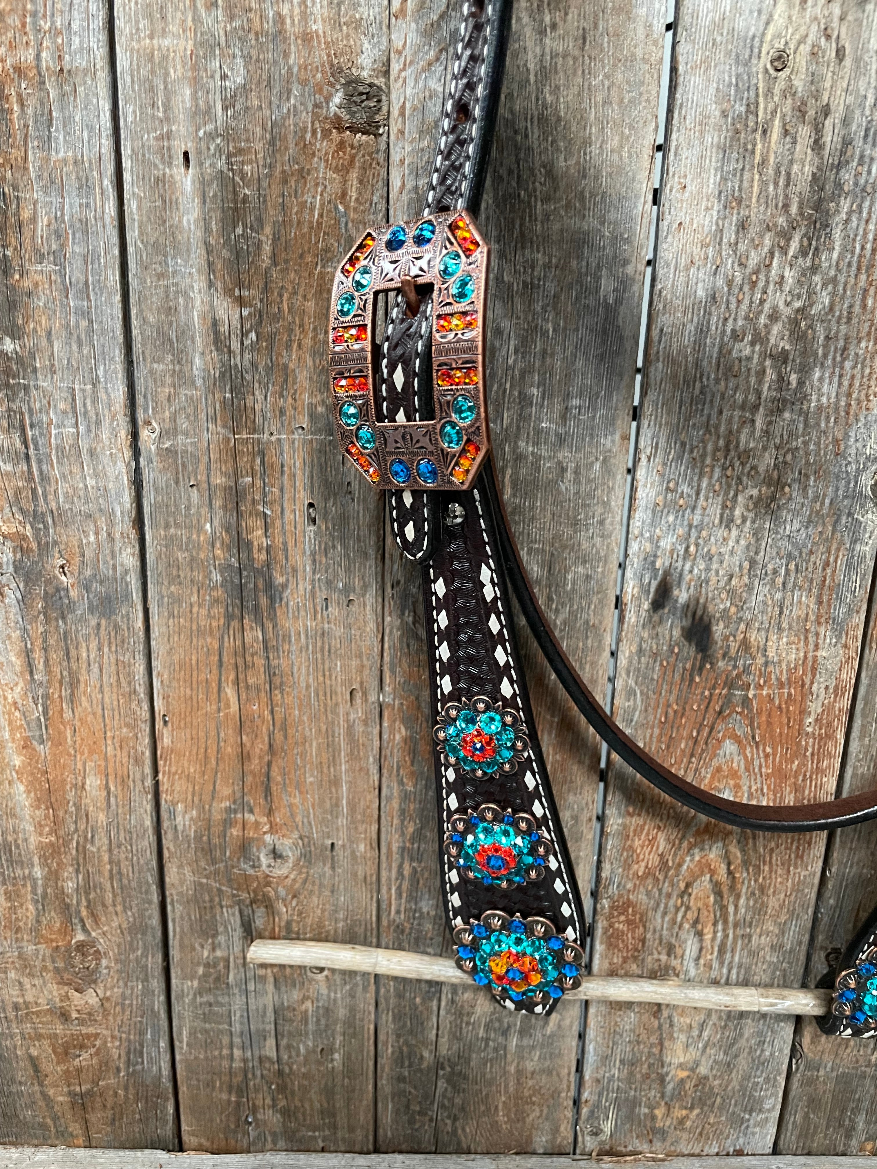 Dark Oil Buckstitch Capri/Fire Opal/Teal Browband/One Ear Tack Set with Wither Strap #BBBC471 - RODEO DRIVE