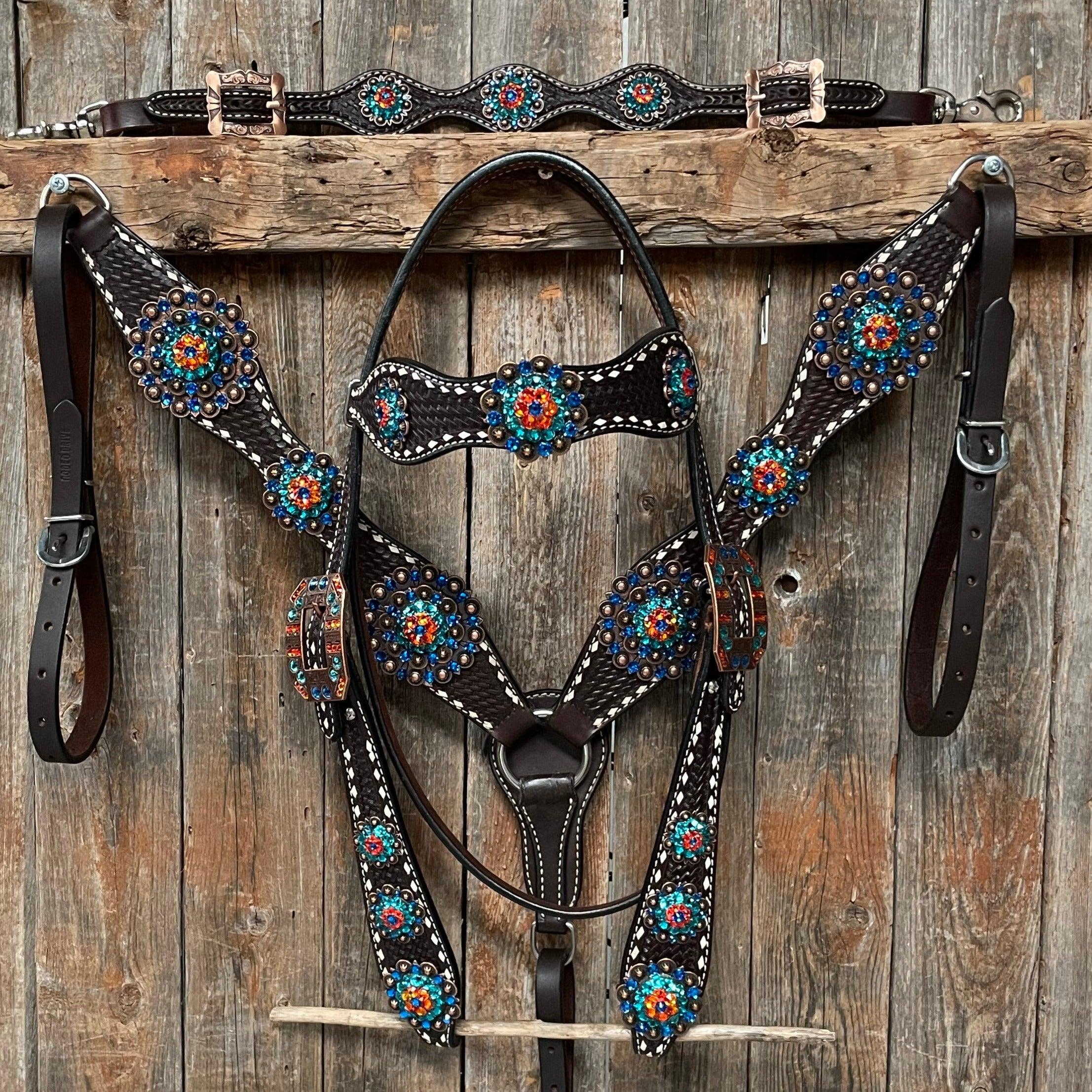 Dark Oil Buckstitch Capri/Fire Opal/Teal Browband/One Ear Tack Set with Wither Strap #BBBC471 - RODEO DRIVE