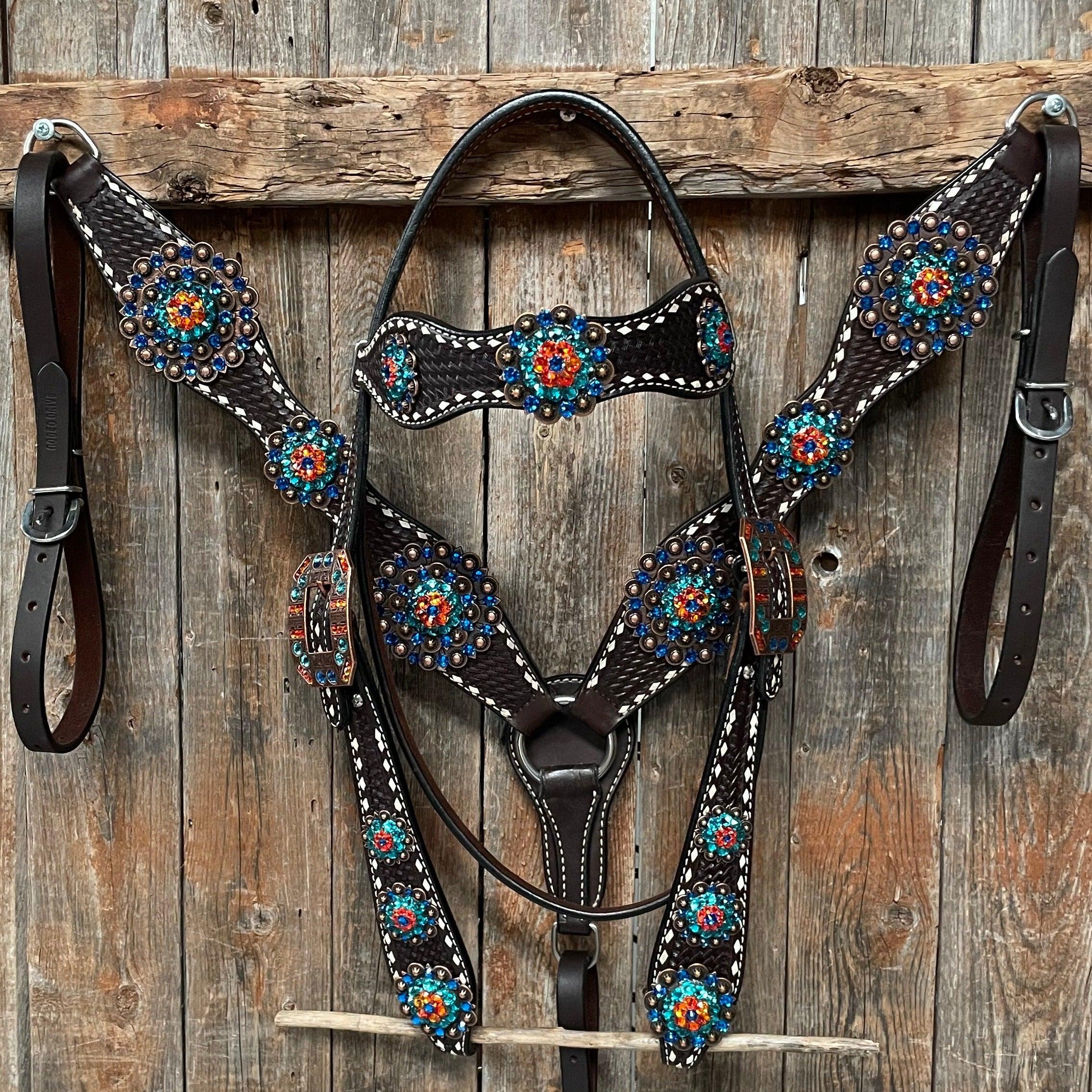 Dark Oil Buckstitch Capri/Fire Opal/Teal Browband/One Ear Tack Set with Wither Strap #BBBC471 - RODEO DRIVE