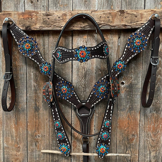 Dark Oil Buckstitch Capri/Fire Opal/Teal Browband/One Ear Tack Set with Wither Strap #BBBC471 - RODEO DRIVE