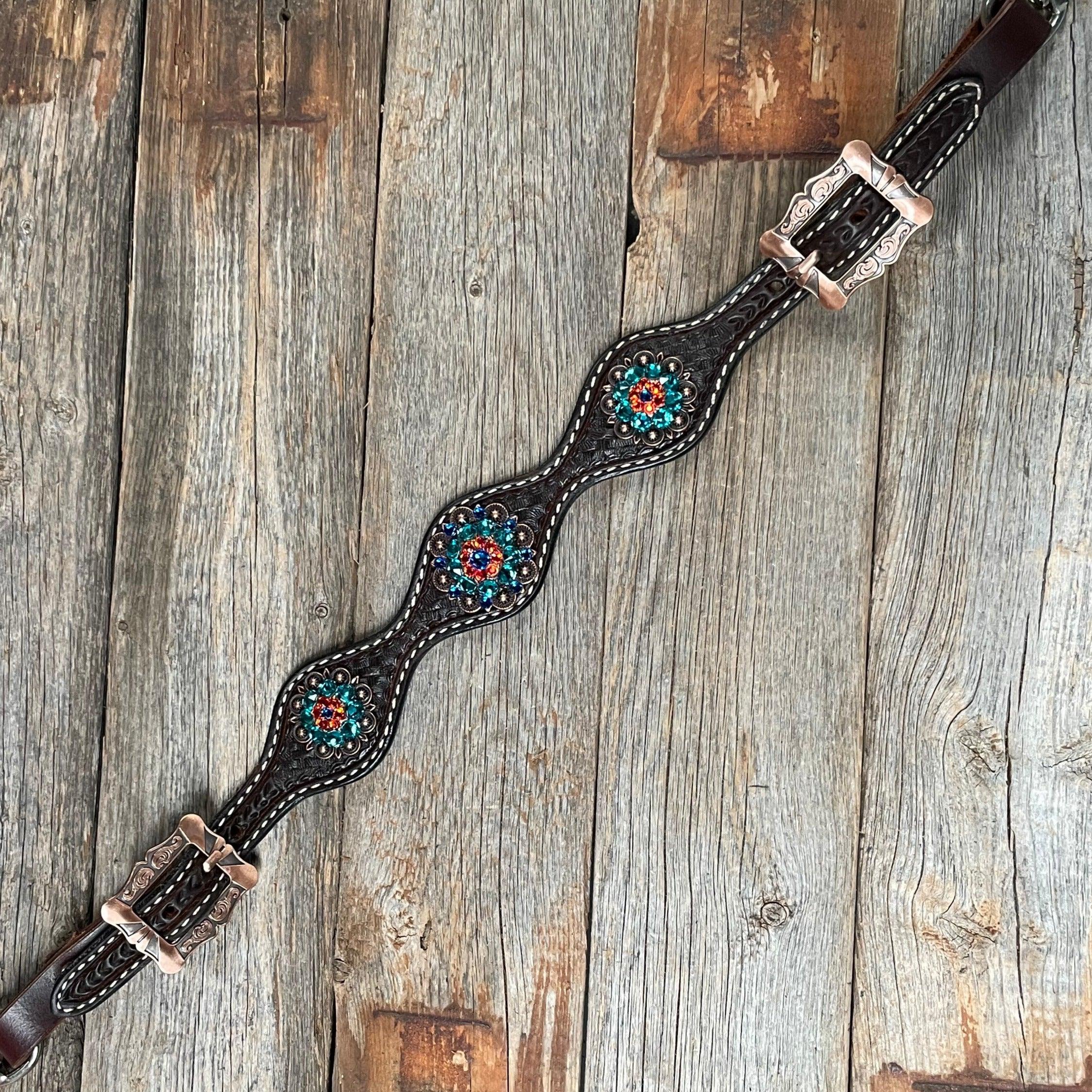 Dark Oil Buckstitch Capri/Fire Opal/Teal Browband/One Ear Tack Set with Wither Strap #BBBC471 - RODEO DRIVE
