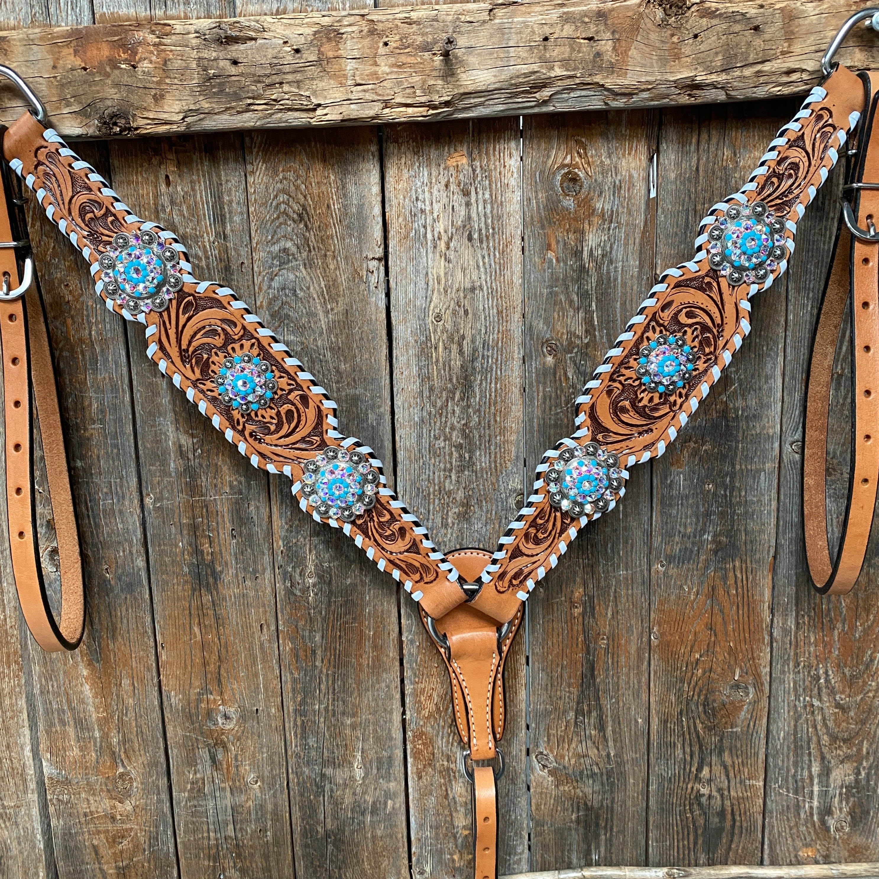 Whipstitch Turquoise & AB Browband/One Ear Tack Set with Wither Strap #BBBC463 - RODEO DRIVE