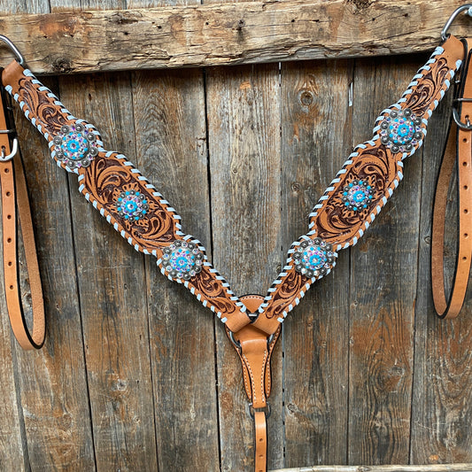 Whipstitch Turquoise & AB Browband/One Ear Tack Set with Wither Strap #BBBC463 - RODEO DRIVE