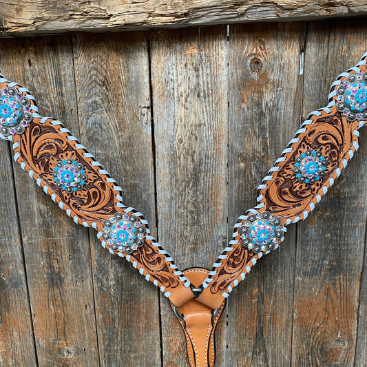 Whipstitch Turquoise & AB Browband/One Ear Tack Set with Wither Strap #BBBC463 - RODEO DRIVE