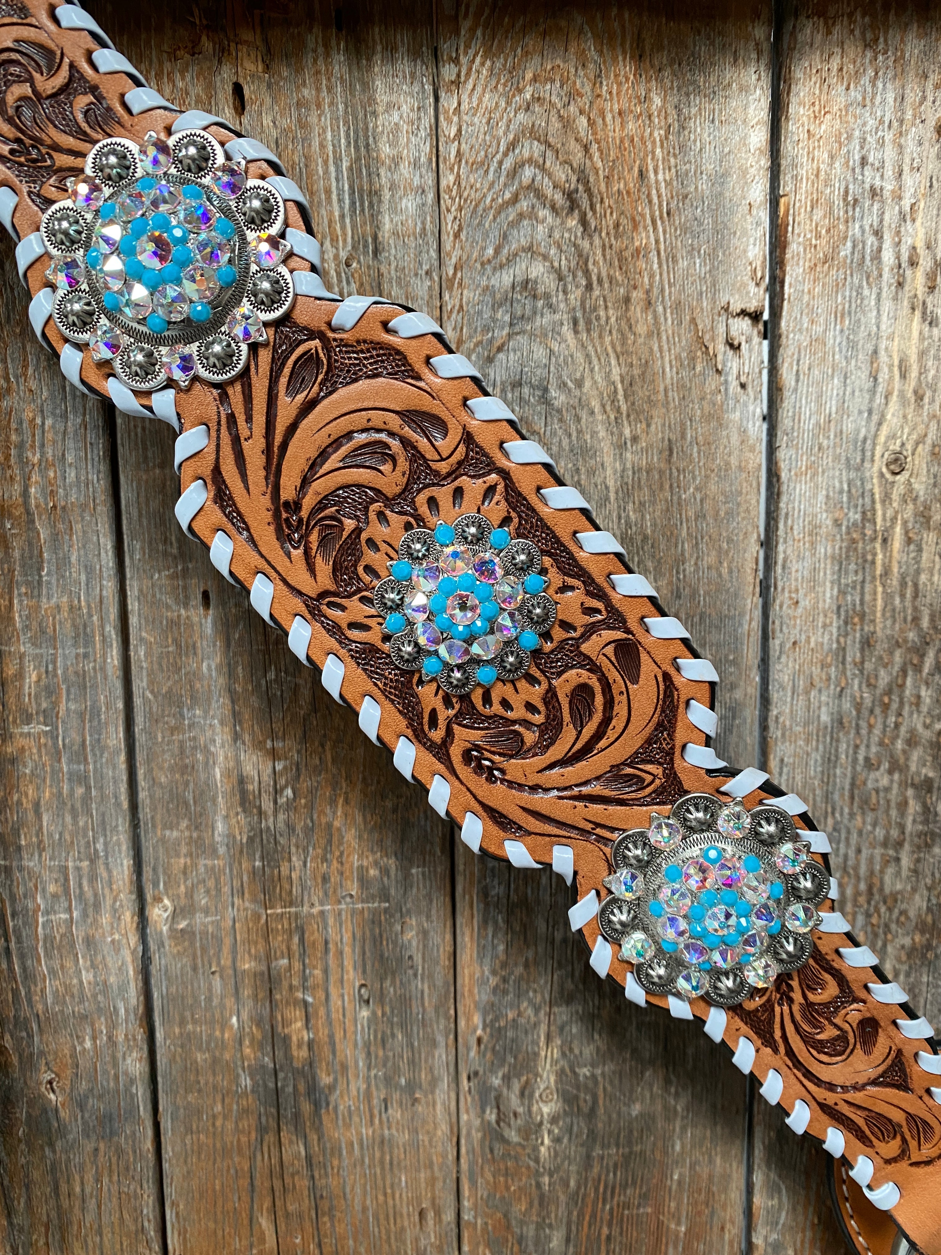 Whipstitch Turquoise & AB Browband/One Ear Tack Set with Wither Strap #BBBC463 - RODEO DRIVE