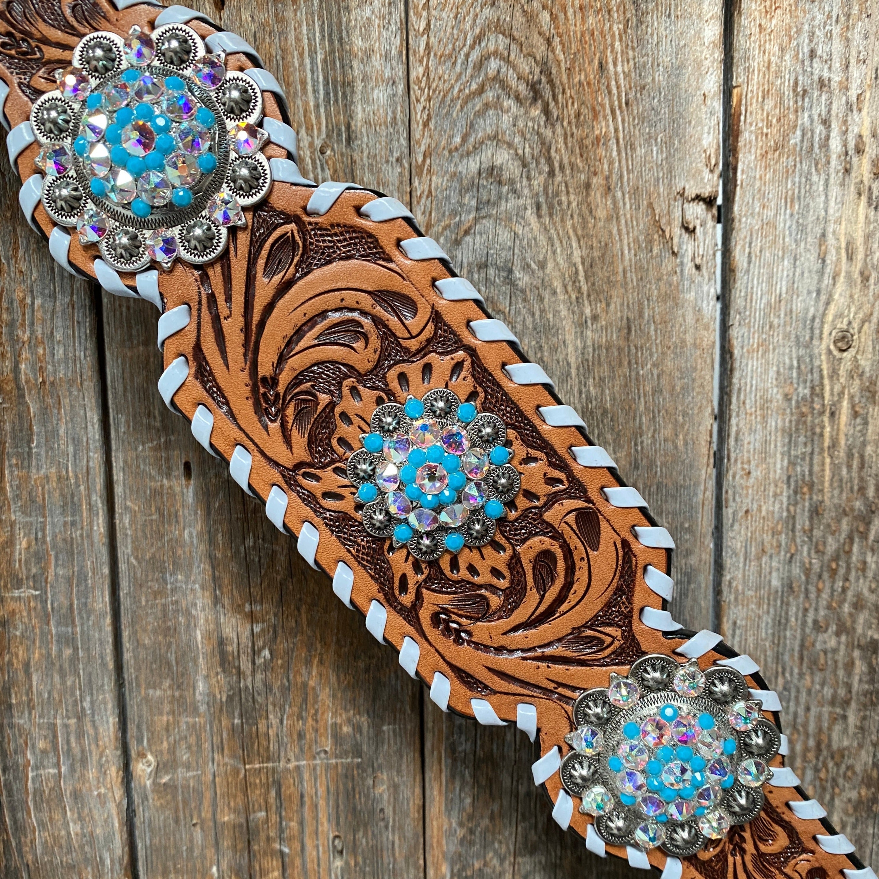 Whipstitch Turquoise & AB Browband/One Ear Tack Set with Wither Strap #BBBC463 - RODEO DRIVE