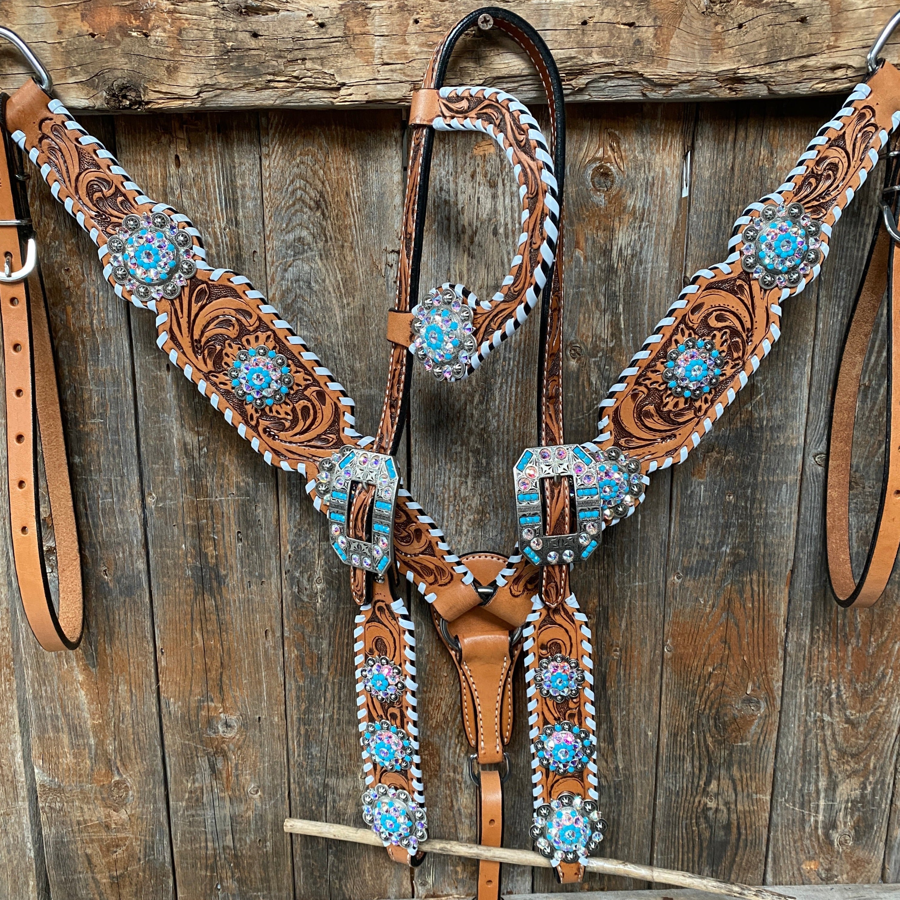 Whipstitch Turquoise & AB Browband/One Ear Tack Set with Wither Strap #BBBC463 - RODEO DRIVE