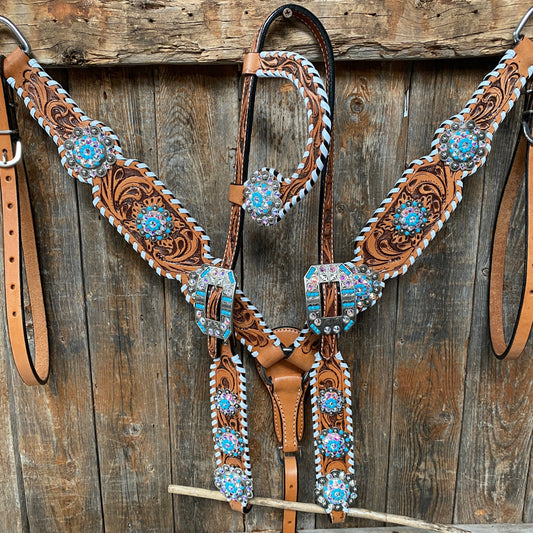 Whipstitch Turquoise & AB Browband/One Ear Tack Set with Wither Strap #BBBC463 - RODEO DRIVE