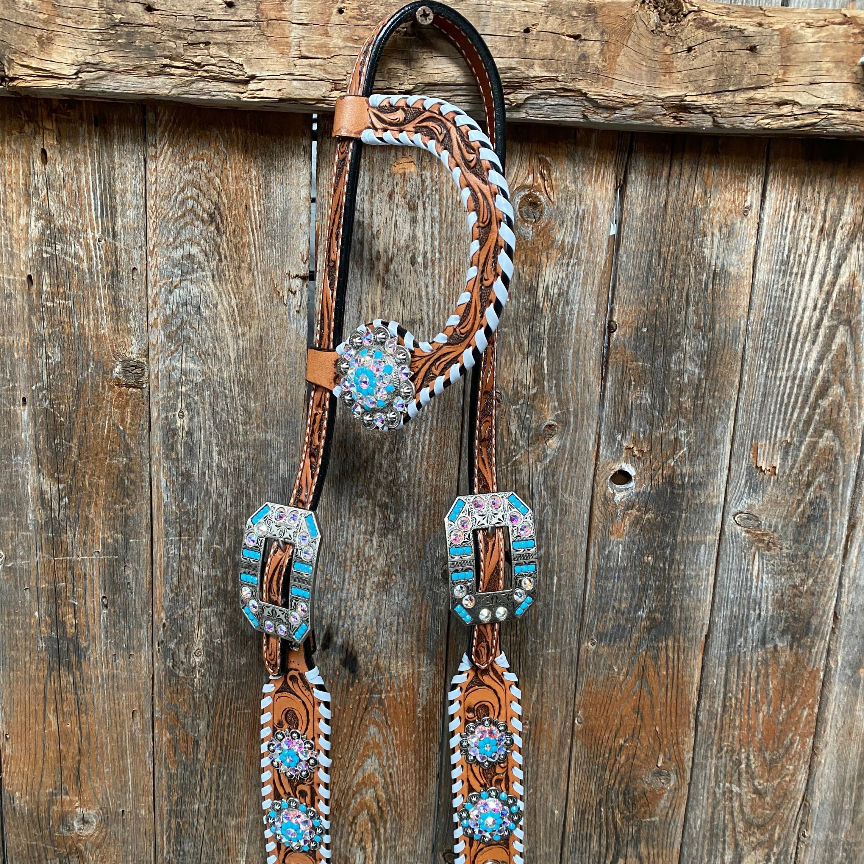 Whipstitch Turquoise & AB Browband/One Ear Tack Set with Wither Strap #BBBC463 - RODEO DRIVE