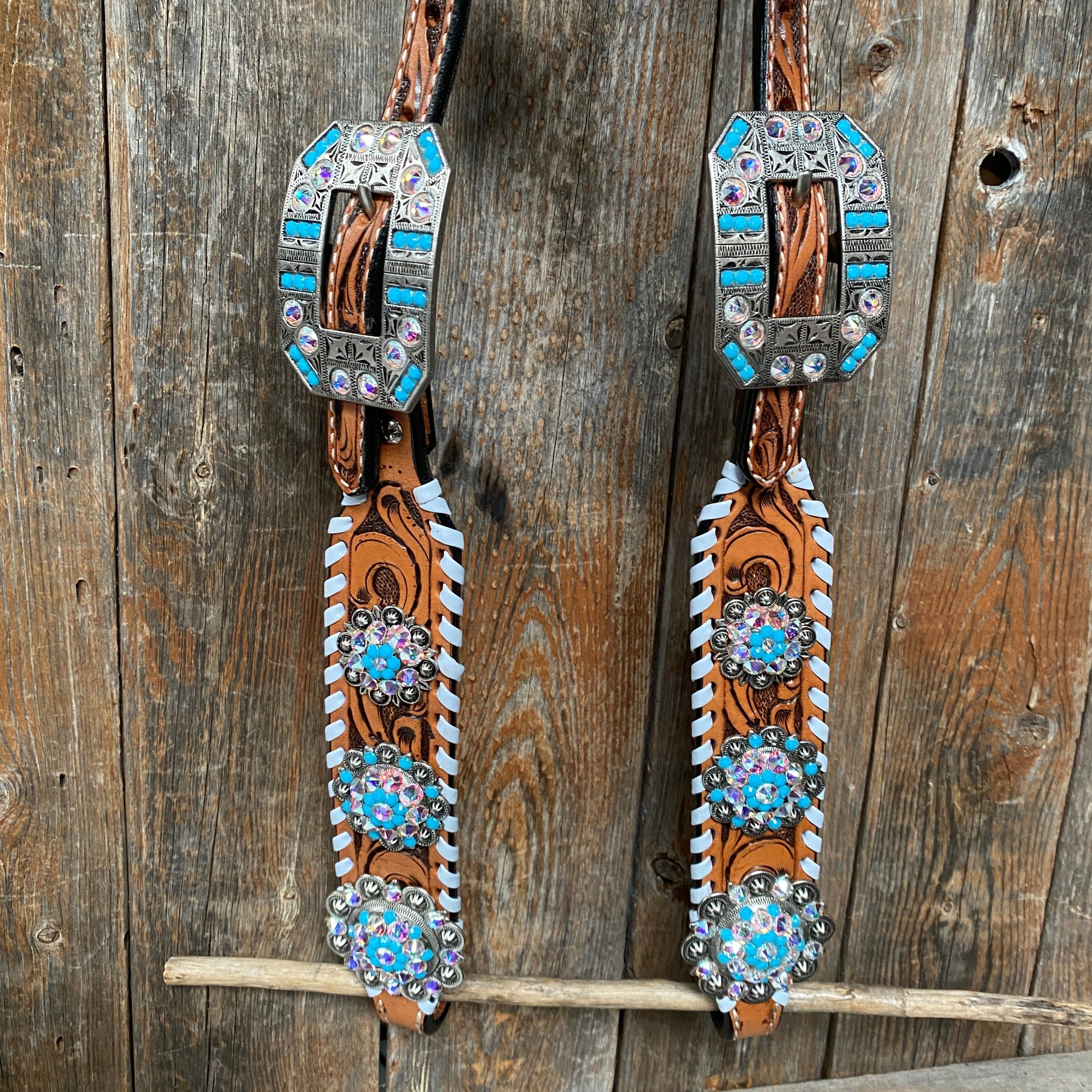 Whipstitch Turquoise & AB Browband/One Ear Tack Set with Wither Strap #BBBC463 - RODEO DRIVE