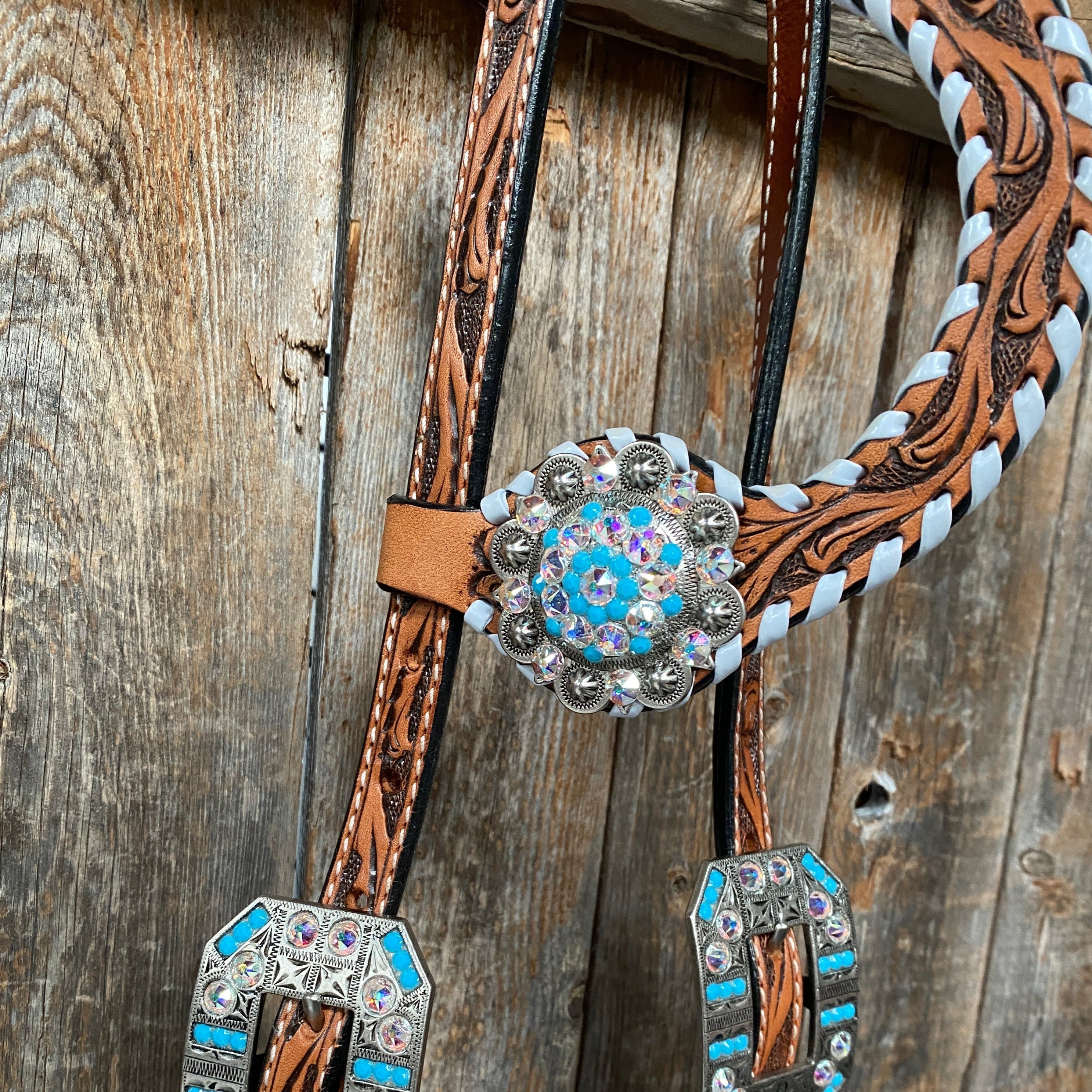 Whipstitch Turquoise & AB Browband/One Ear Tack Set with Wither Strap #BBBC463 - RODEO DRIVE