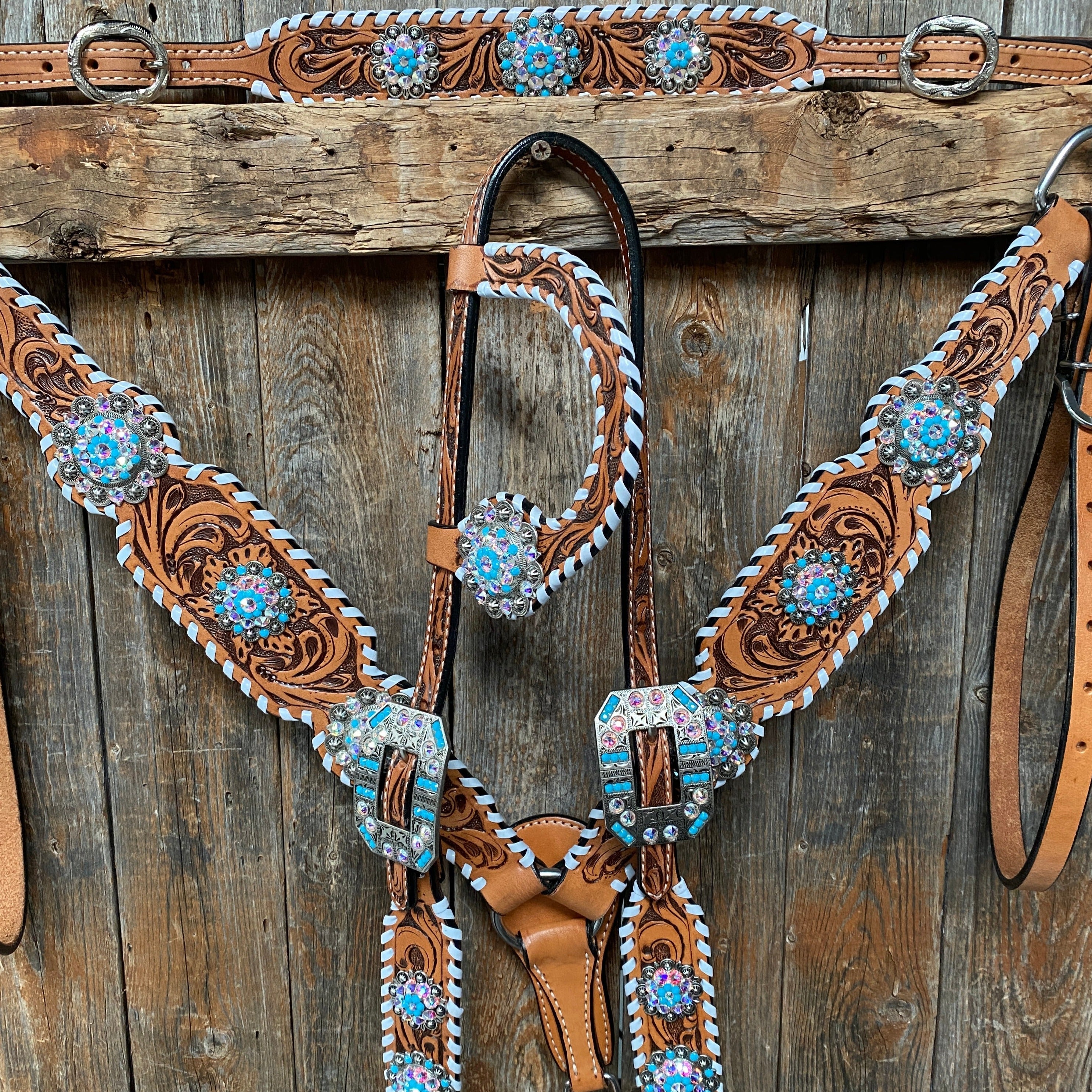 Whipstitch Turquoise & AB Browband/One Ear Tack Set with Wither Strap #BBBC463 - RODEO DRIVE