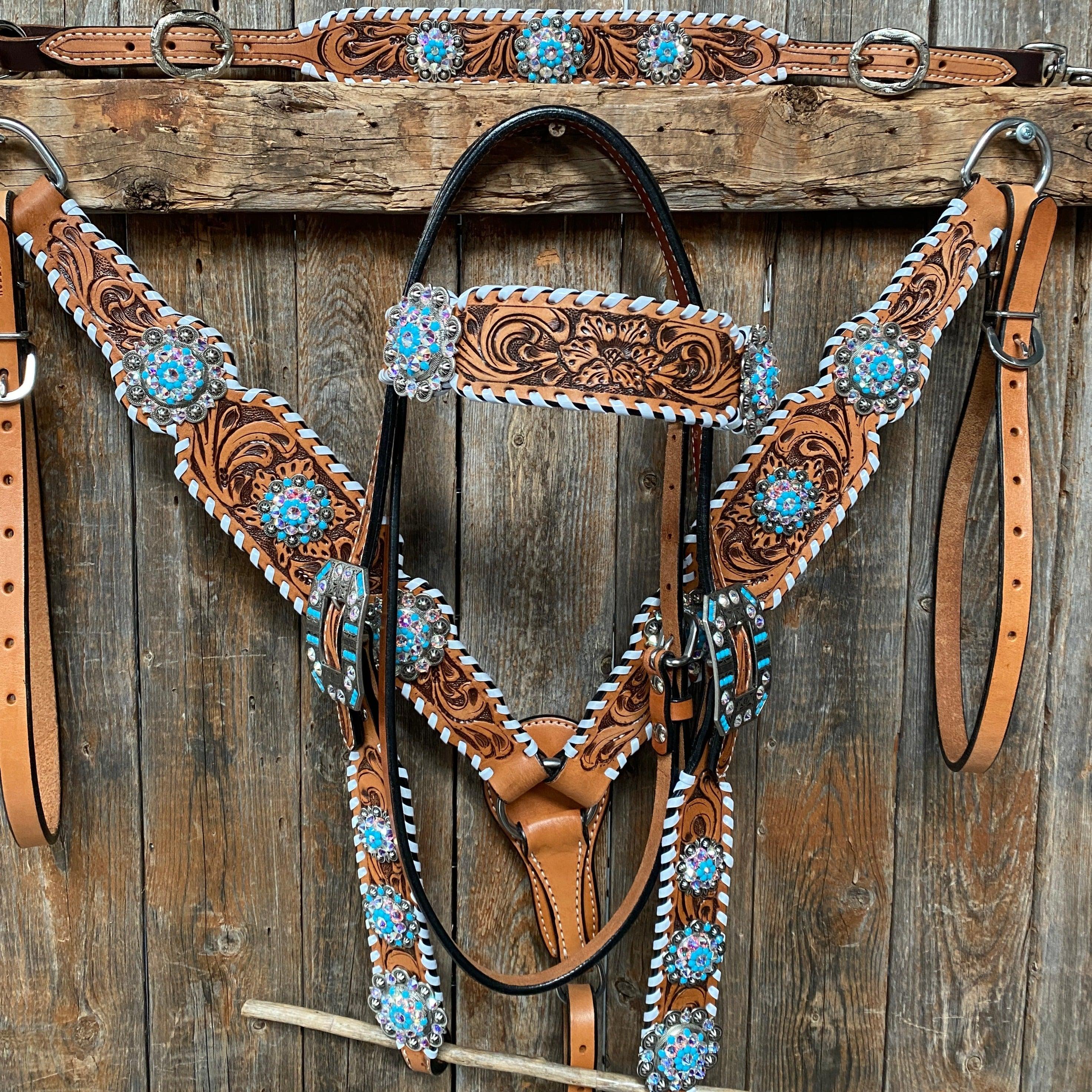 Whipstitch Turquoise & AB Browband/One Ear Tack Set with Wither Strap #BBBC463 - RODEO DRIVE