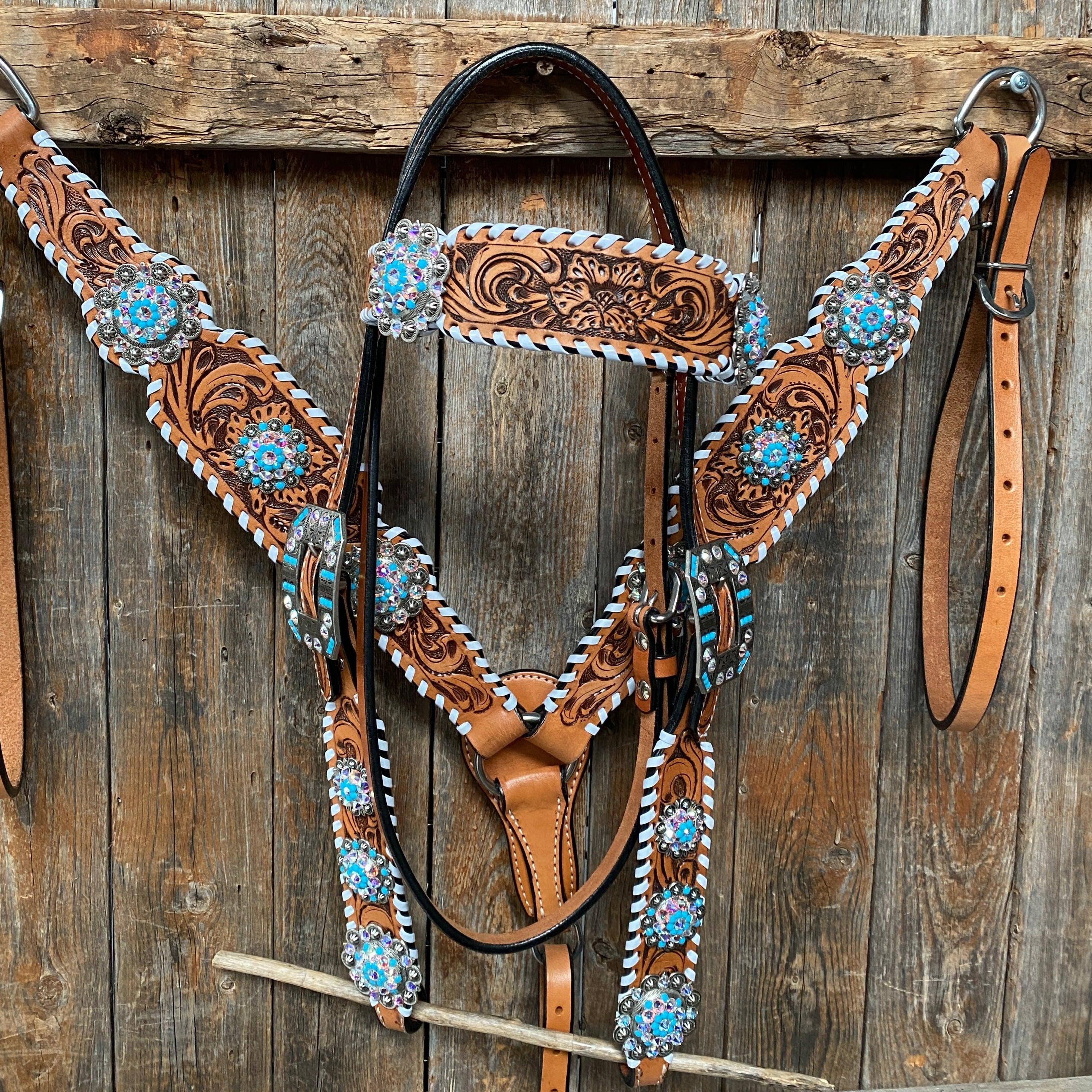 Whipstitch Turquoise & AB Browband/One Ear Tack Set with Wither Strap #BBBC463 - RODEO DRIVE