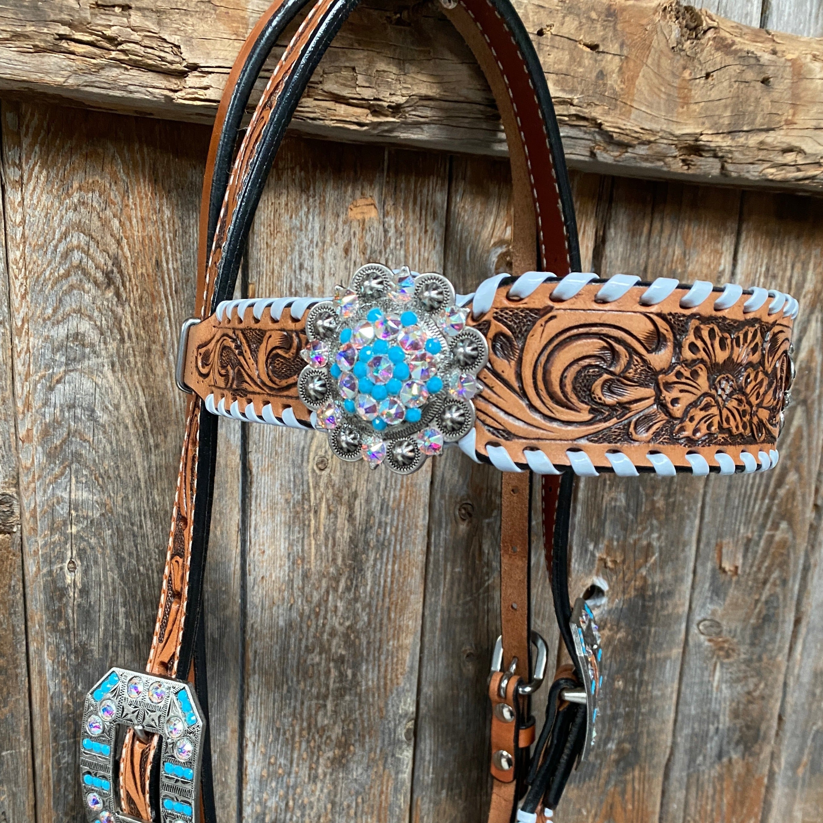 Whipstitch Turquoise & AB Browband/One Ear Tack Set with Wither Strap #BBBC463 - RODEO DRIVE