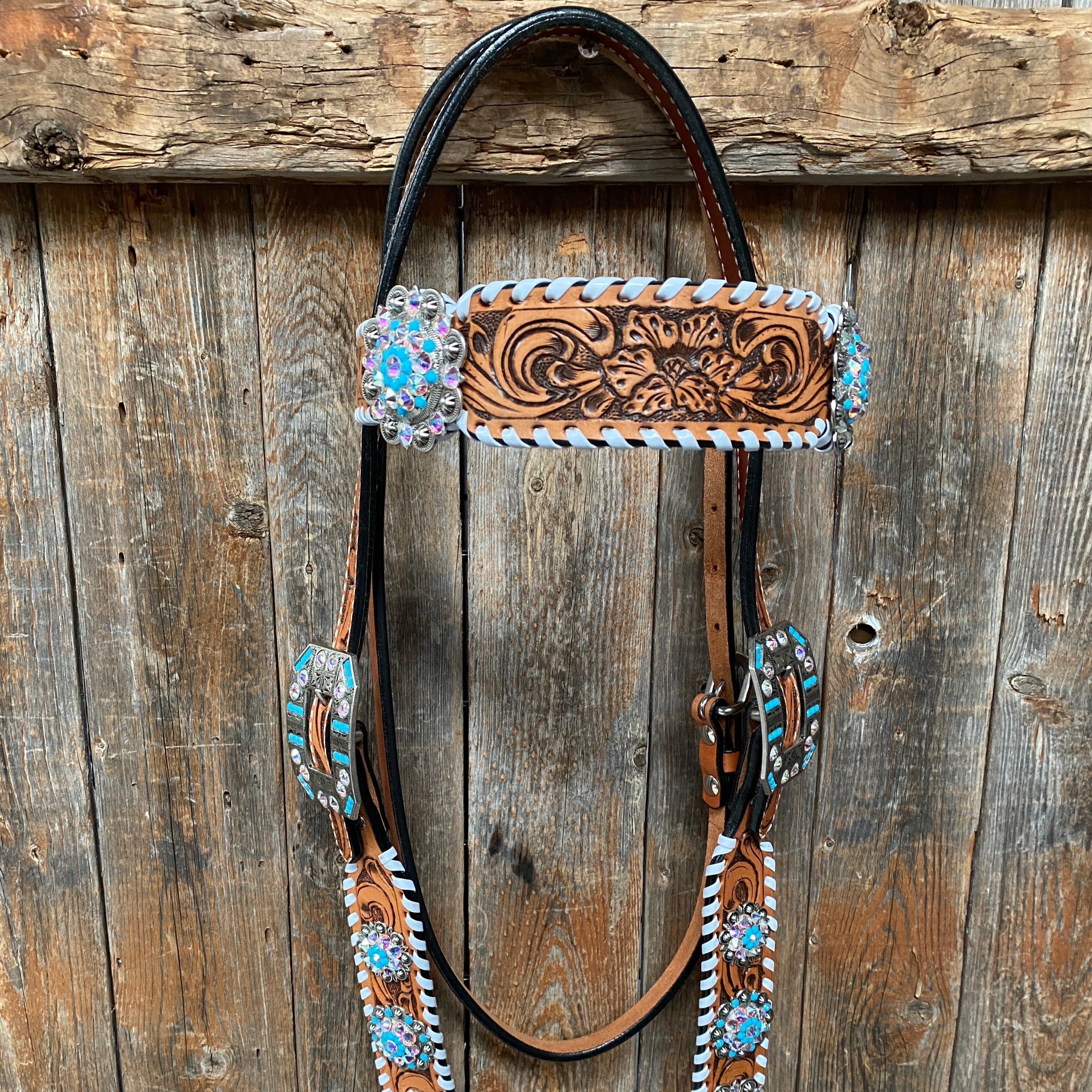 Whipstitch Turquoise & AB Browband/One Ear Tack Set with Wither Strap #BBBC463 - RODEO DRIVE