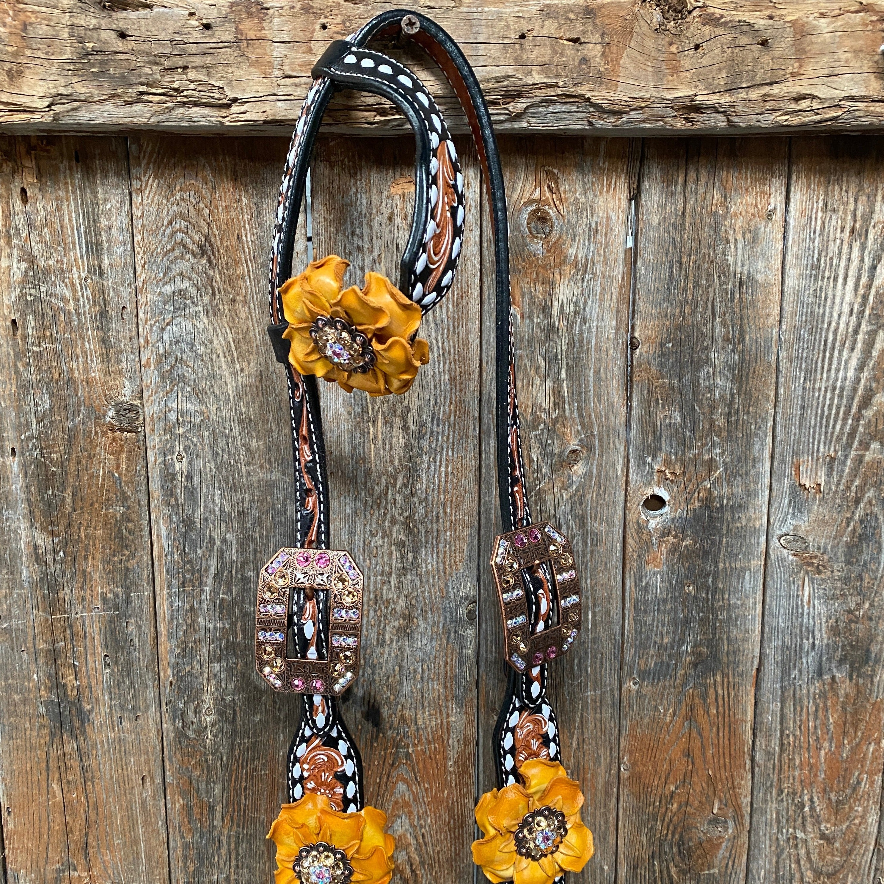 Classic Yellow and Pink Browband/One Ear Tack Set with Wither Strap #BBBC464 - RODEO DRIVE
