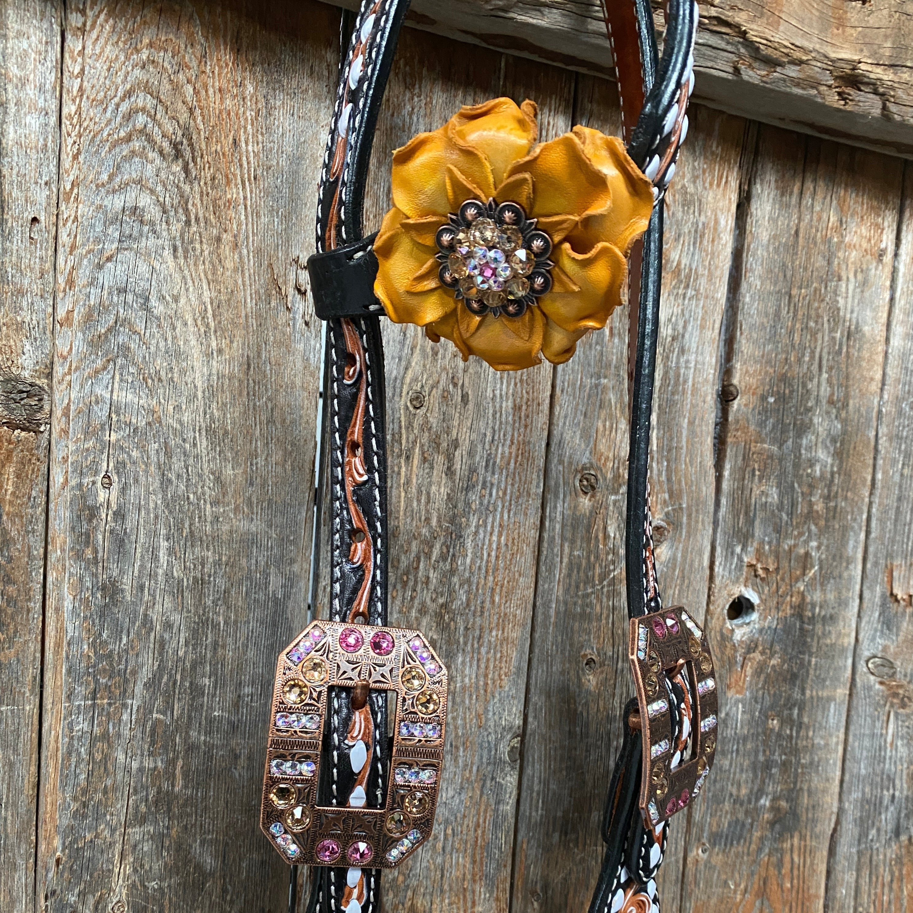 Classic Yellow and Pink Browband/One Ear Tack Set with Wither Strap #BBBC464 - RODEO DRIVE