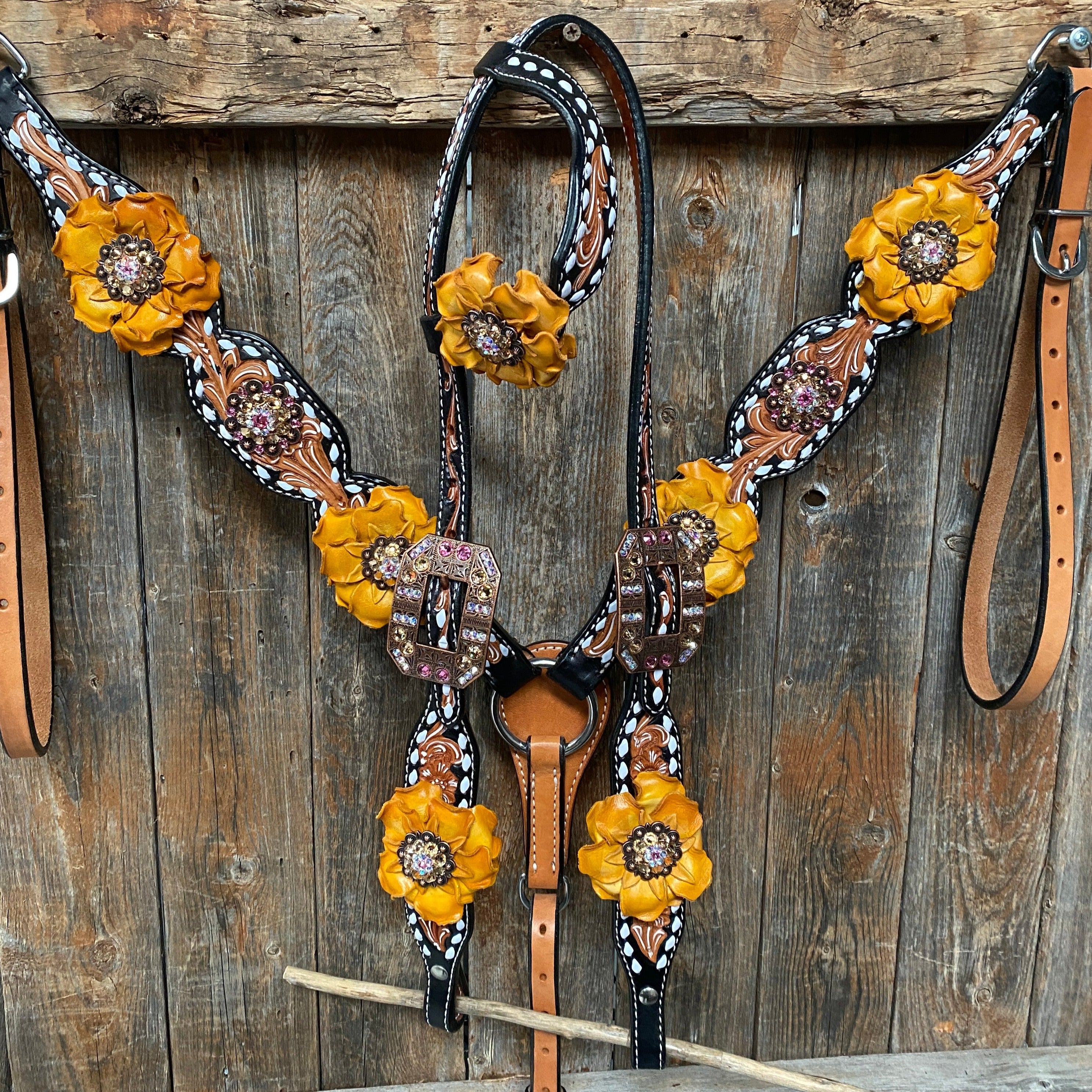 Classic Yellow and Pink Browband/One Ear Tack Set with Wither Strap #BBBC464 - RODEO DRIVE