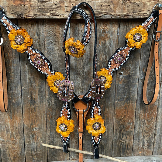 Classic Yellow and Pink Browband/One Ear Tack Set with Wither Strap #BBBC464 - RODEO DRIVE