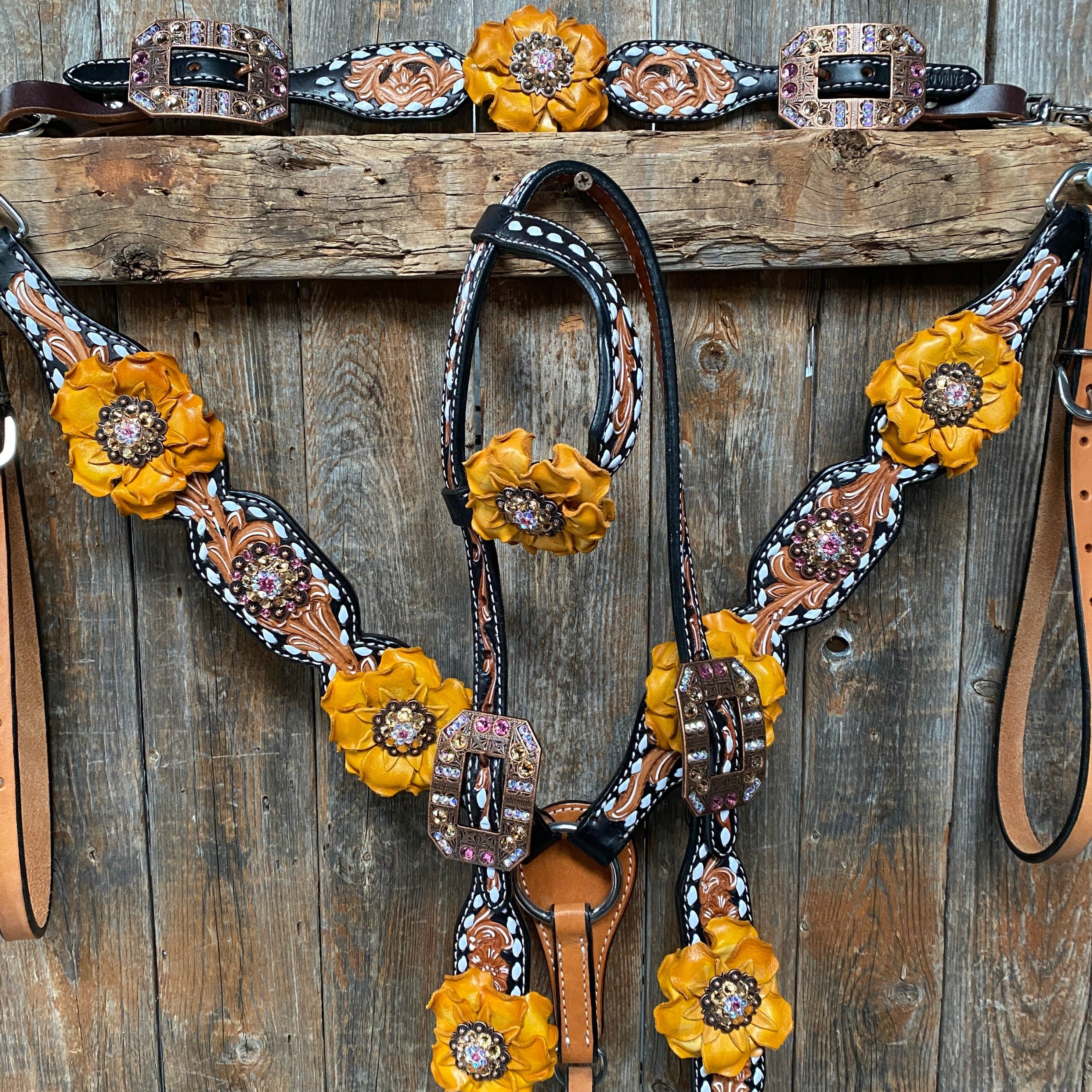 Classic Yellow and Pink Browband/One Ear Tack Set with Wither Strap #BBBC464 - RODEO DRIVE