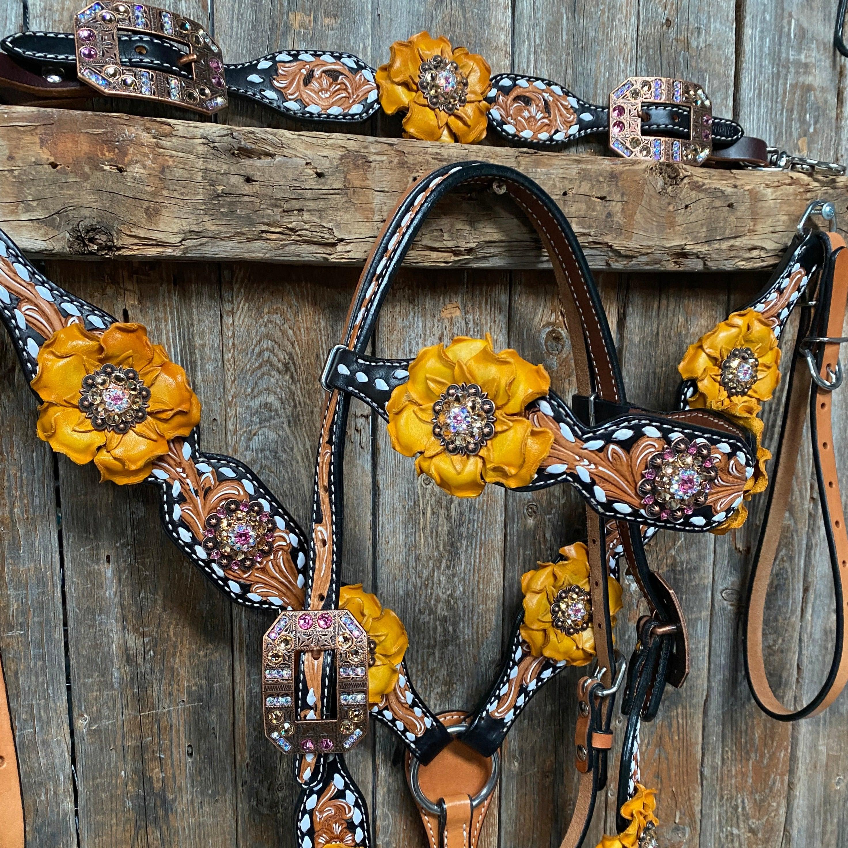 Classic Yellow and Pink Browband/One Ear Tack Set with Wither Strap #BBBC464 - RODEO DRIVE