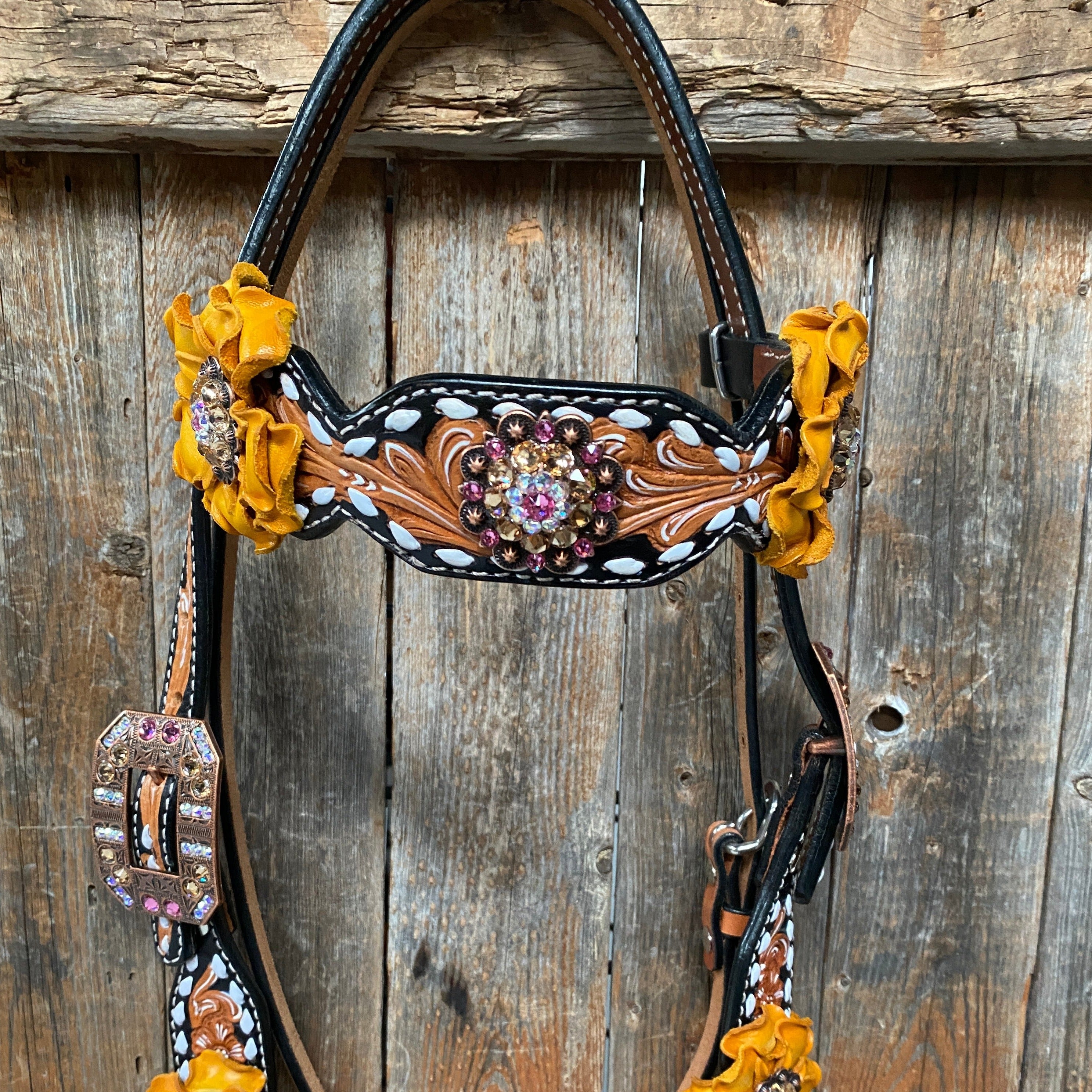 Classic Yellow and Pink Browband/One Ear Tack Set with Wither Strap #BBBC464 - RODEO DRIVE