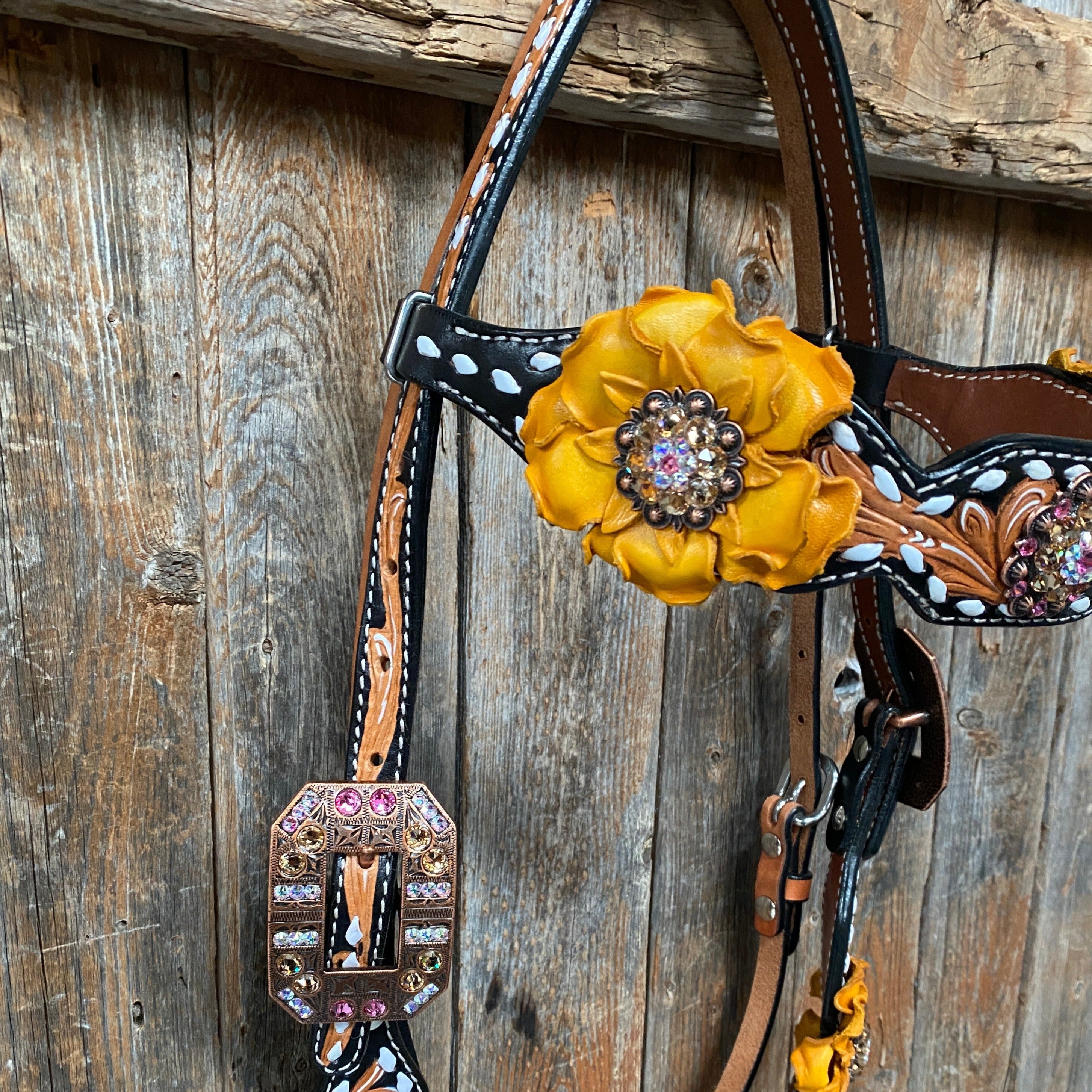 Classic Yellow and Pink Browband/One Ear Tack Set with Wither Strap #BBBC464 - RODEO DRIVE