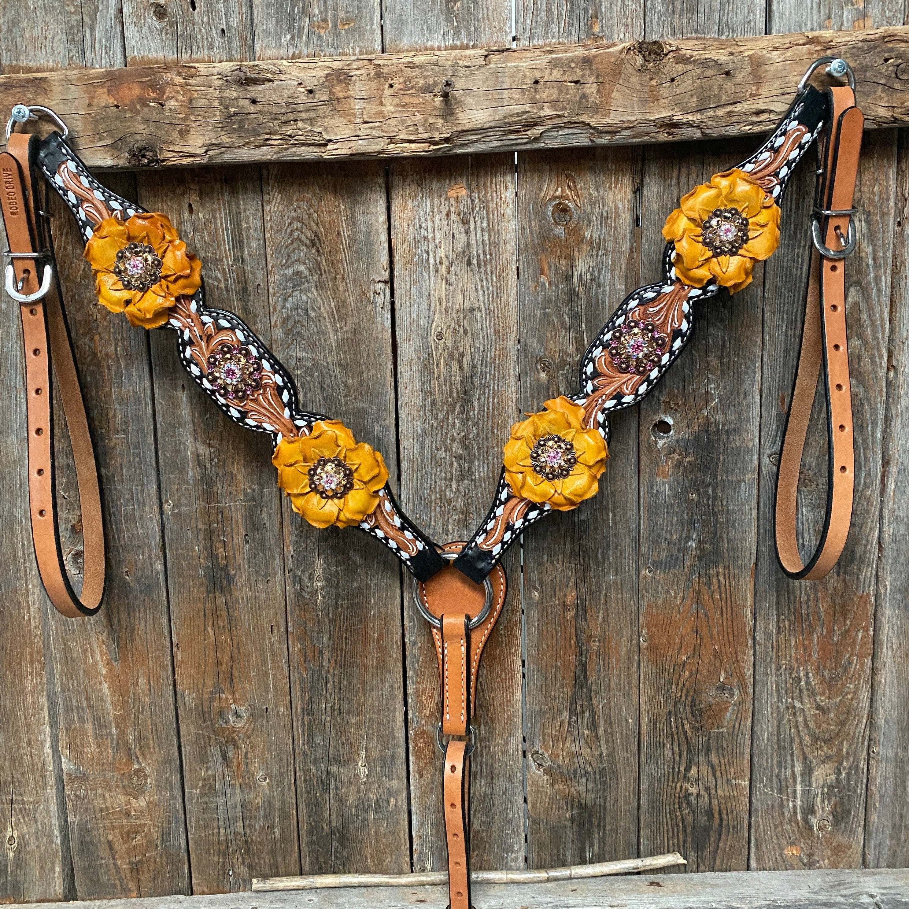 Classic Yellow and Pink Browband/One Ear Tack Set with Wither Strap #BBBC464 - RODEO DRIVE
