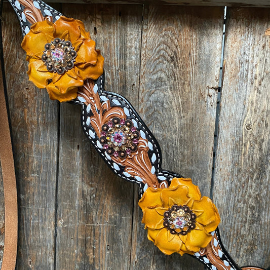 Classic Yellow and Pink Browband/One Ear Tack Set with Wither Strap #BBBC464 - RODEO DRIVE