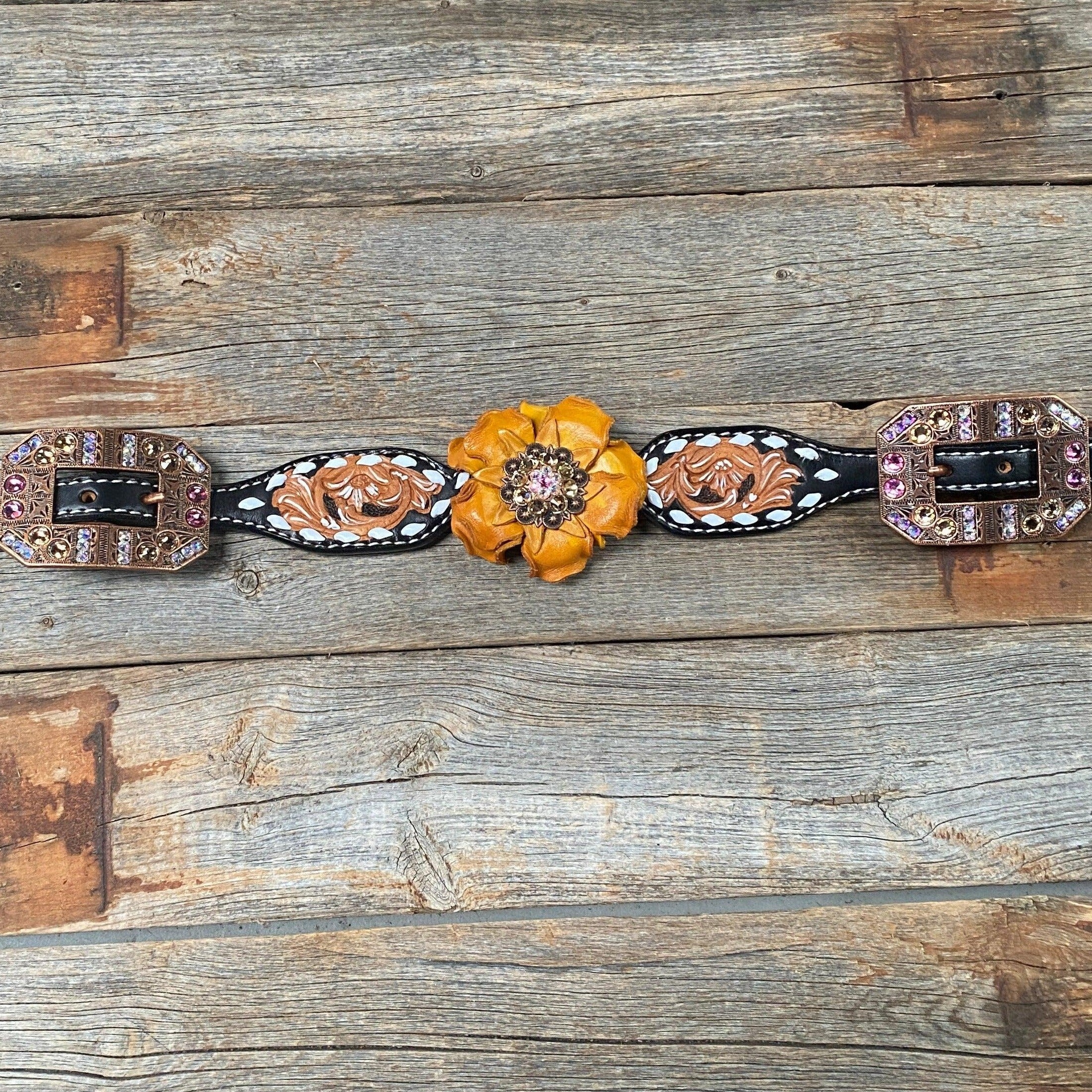 Classic Yellow and Pink Browband/One Ear Tack Set with Wither Strap #BBBC464 - RODEO DRIVE