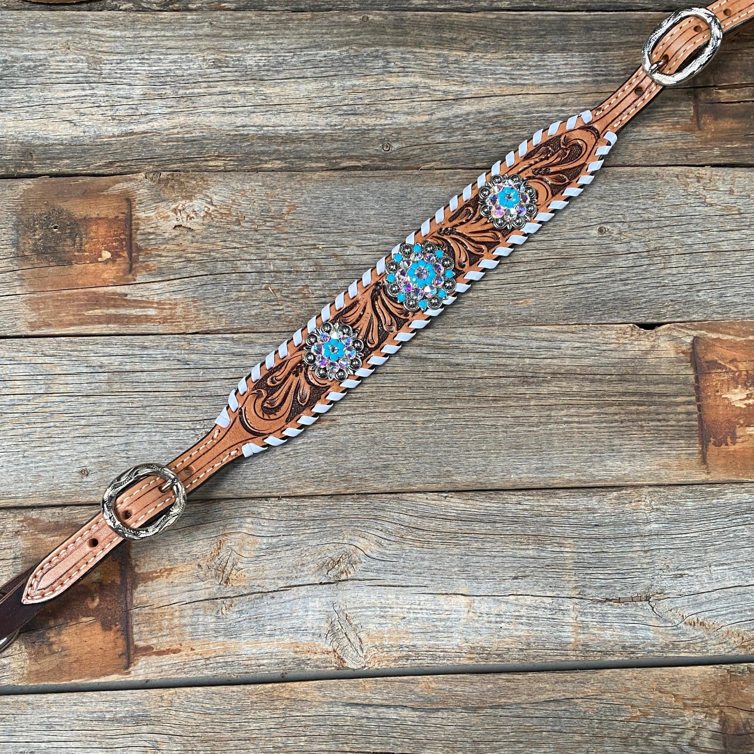 Whipstitch Turquoise & AB Browband/One Ear Tack Set with Wither Strap #BBBC463 - RODEO DRIVE